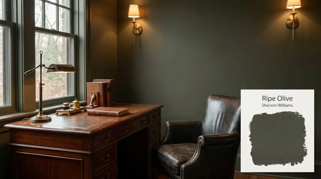 A rich mahogany desk and vintage leather armchair sit warmly illuminated by brass sconces against Sherwin-Williams Ripe Olive (Hex #44483D) walls.