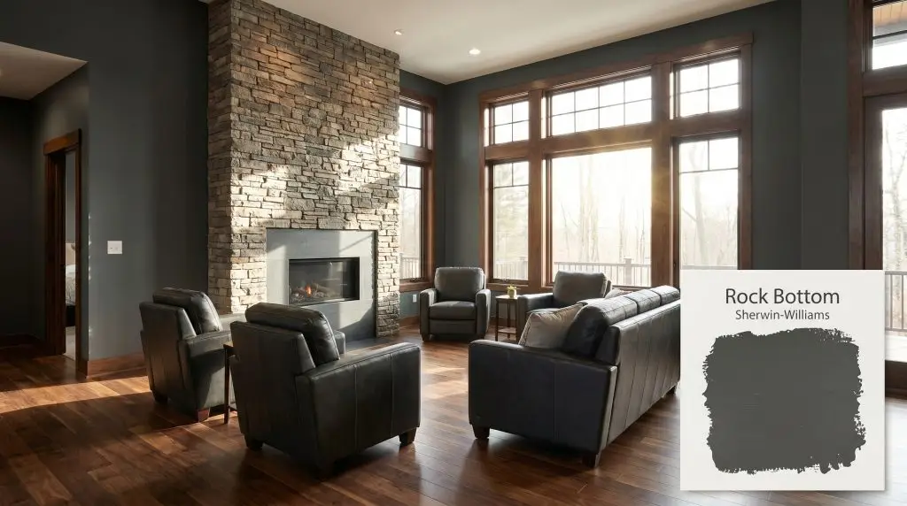 A wide shot revealing a modern fireplace, leather seating, and natural stone cladding against walls painted in Sherwin-Williams Rock Bottom (Hex #484C49).