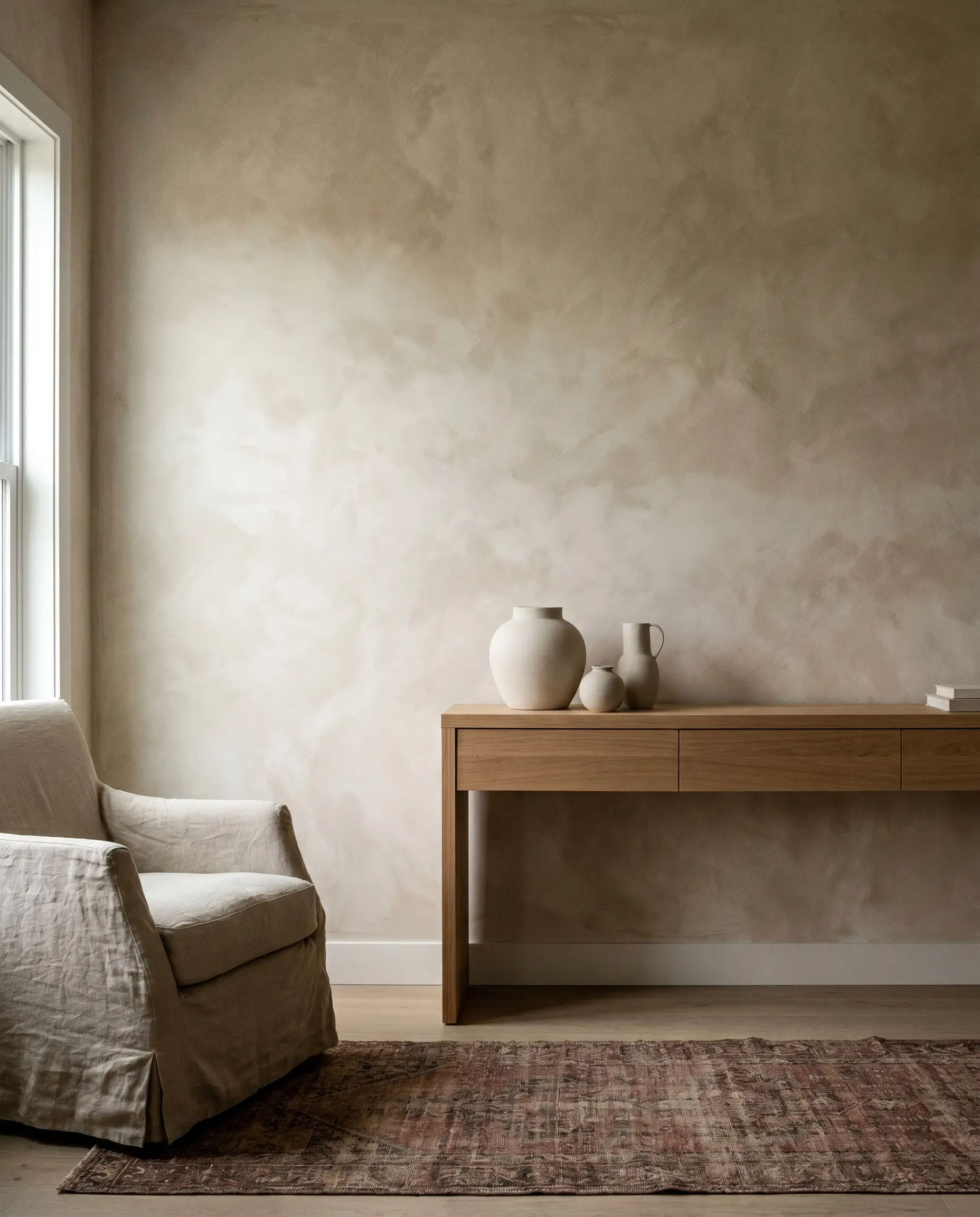 A modern oak console table holding matte ceramic vases stands against a textured Roman clay wall beside a linen slipcovered armchair and a vintage runner.