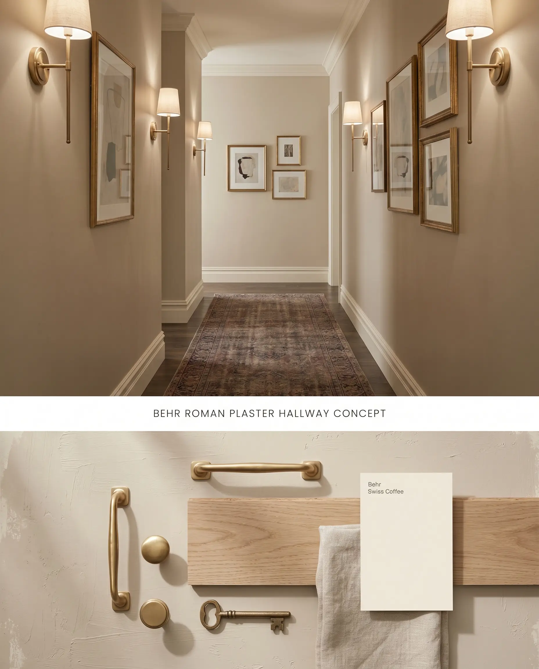 A split digital conceptual board showcasing a windowless hallway painted in a warm neutral hue on top, paired with physical light oak and brass hardware samples below.