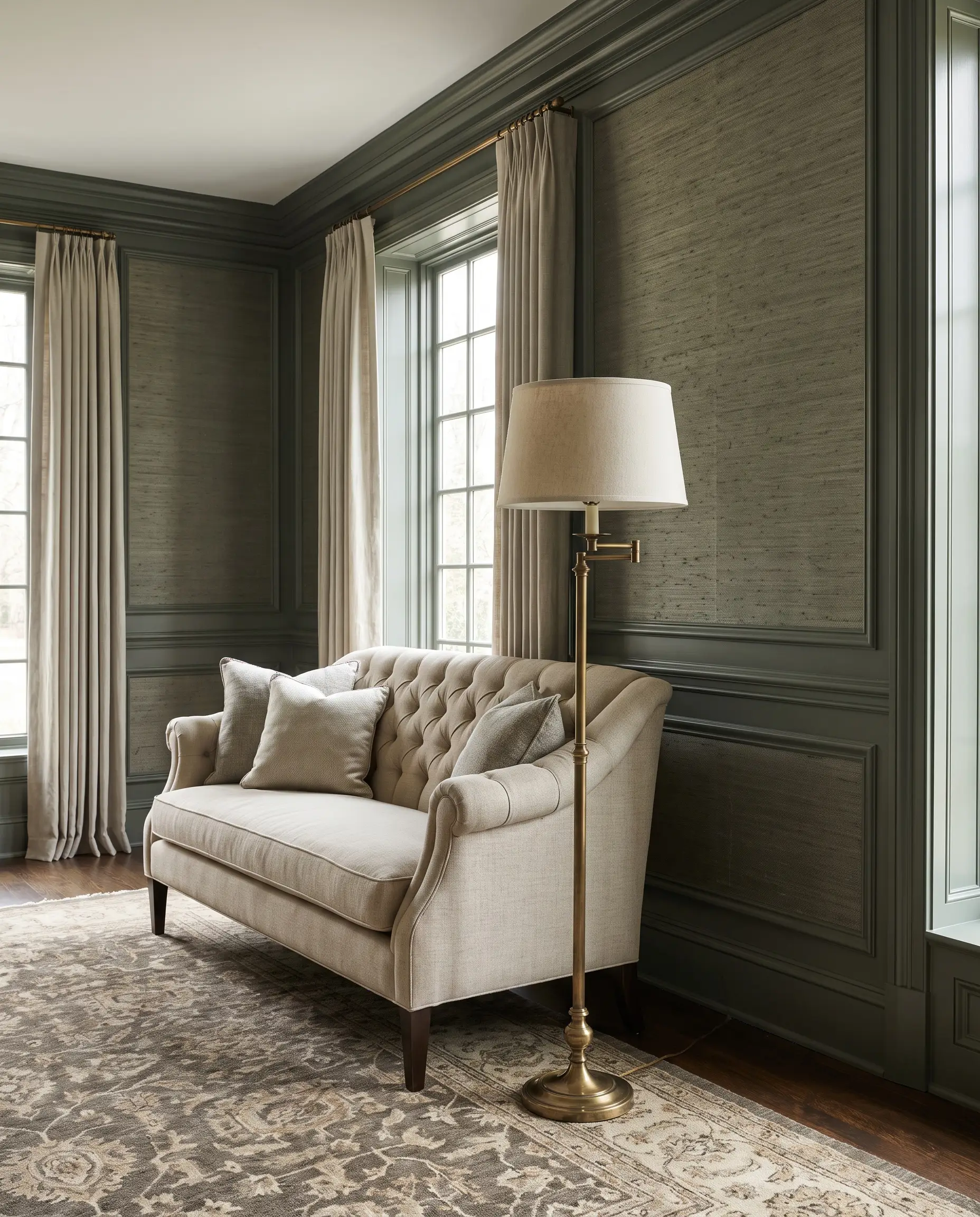 Textured grasscloth wallpaper panels framed by rosemary green wood millwork sit behind a tufted linen settee and an antique brass floor lamp.