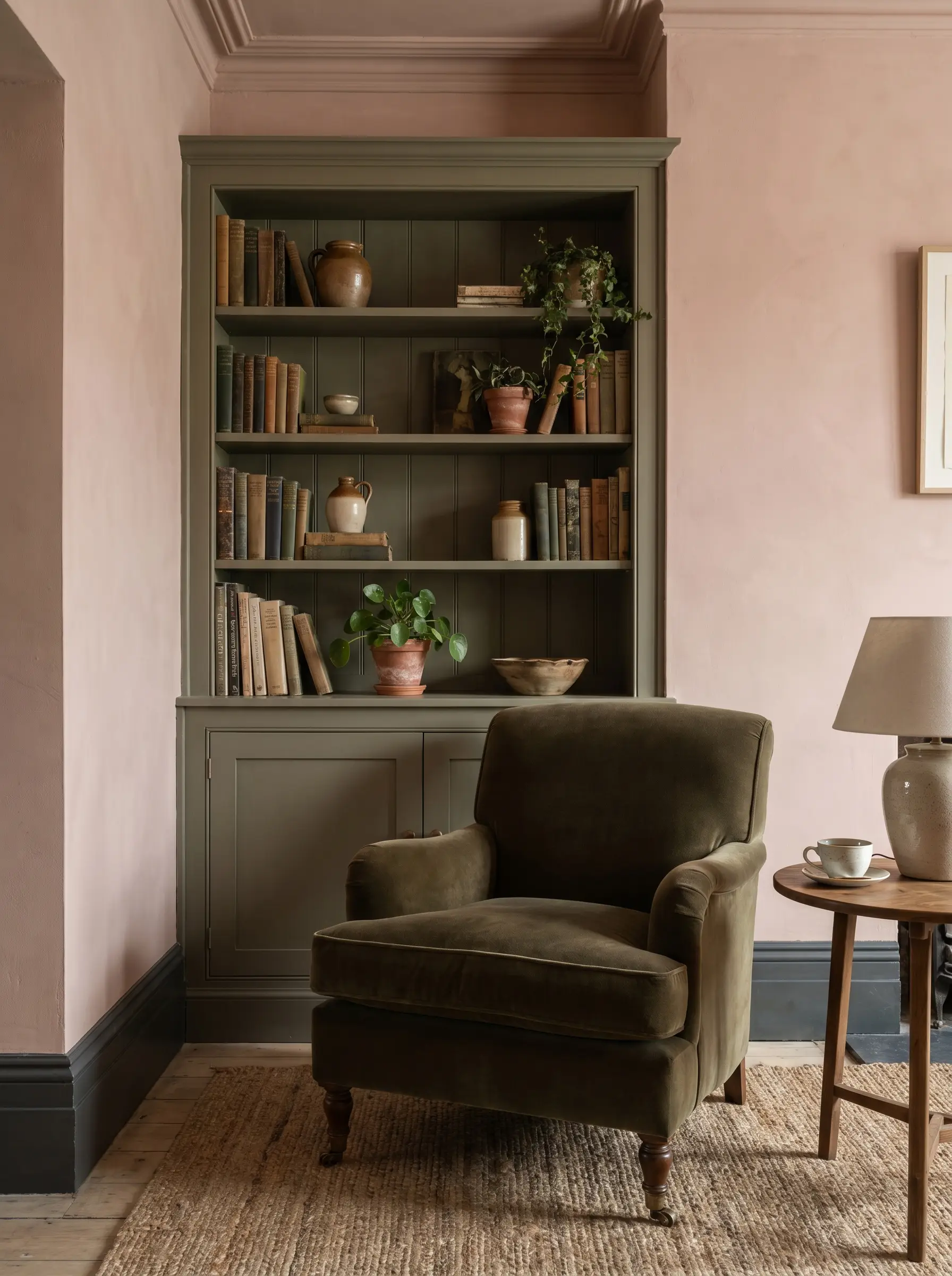 A heavy velvet accent chair sits before a muddy sage built-in bookcase, accented by oxidized charcoal baseboards and muddy plaster pink walls holding vintage books.