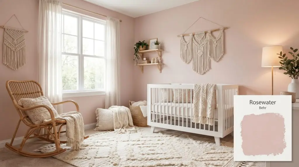 Soft diffused daylight illuminates a white crib, textured cream textiles, and a natural rattan rocking chair against Rosewater (Hex #e2c8bf) walls.