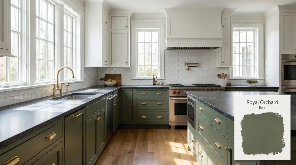 Crisp white upper cabinets and soapstone countertops complement lower cabinetry painted in Behr PPU11-01 (Hex #5f6d59) with unlacquered brass hardware.