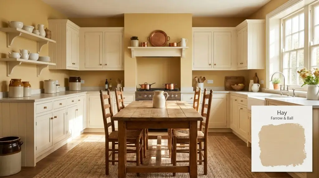 Cream-colored cabinetry and a rustic farmhouse table sit beneath bright morning sunlight in a kitchen painted with Farrow & Ball Hay (Hex #d9c497).
