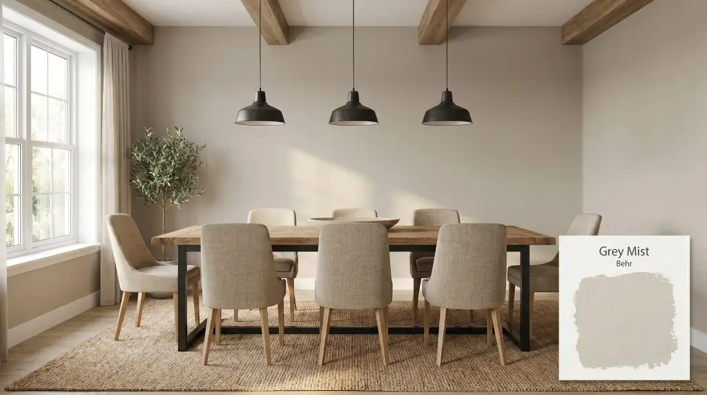 Woven linen chairs surround a rustic oak dining table illuminated by matte black pendant lights against Behr HDC-CT-21 (Hex #bdb6ab) walls.