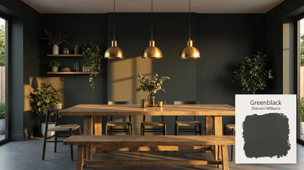 A rustic oak dining table and matte brass fixtures sit beneath walls painted in Sherwin-Williams Greenblack (Hex #373A3A) during warm evening sunlight.