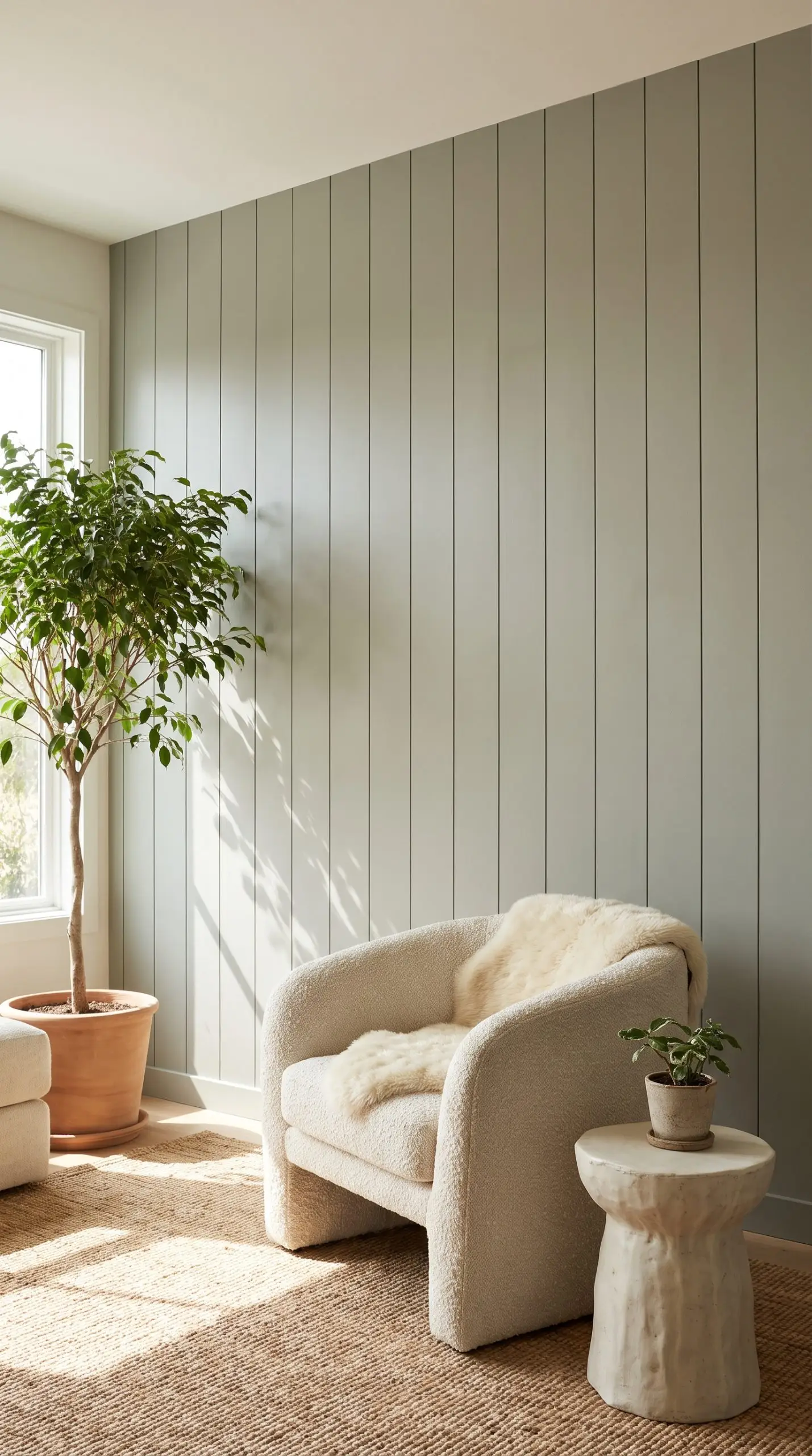 A sage green accent wall made of vertical shiplap boards sits behind a textured boucle accent chair and a raw ceramic side table.