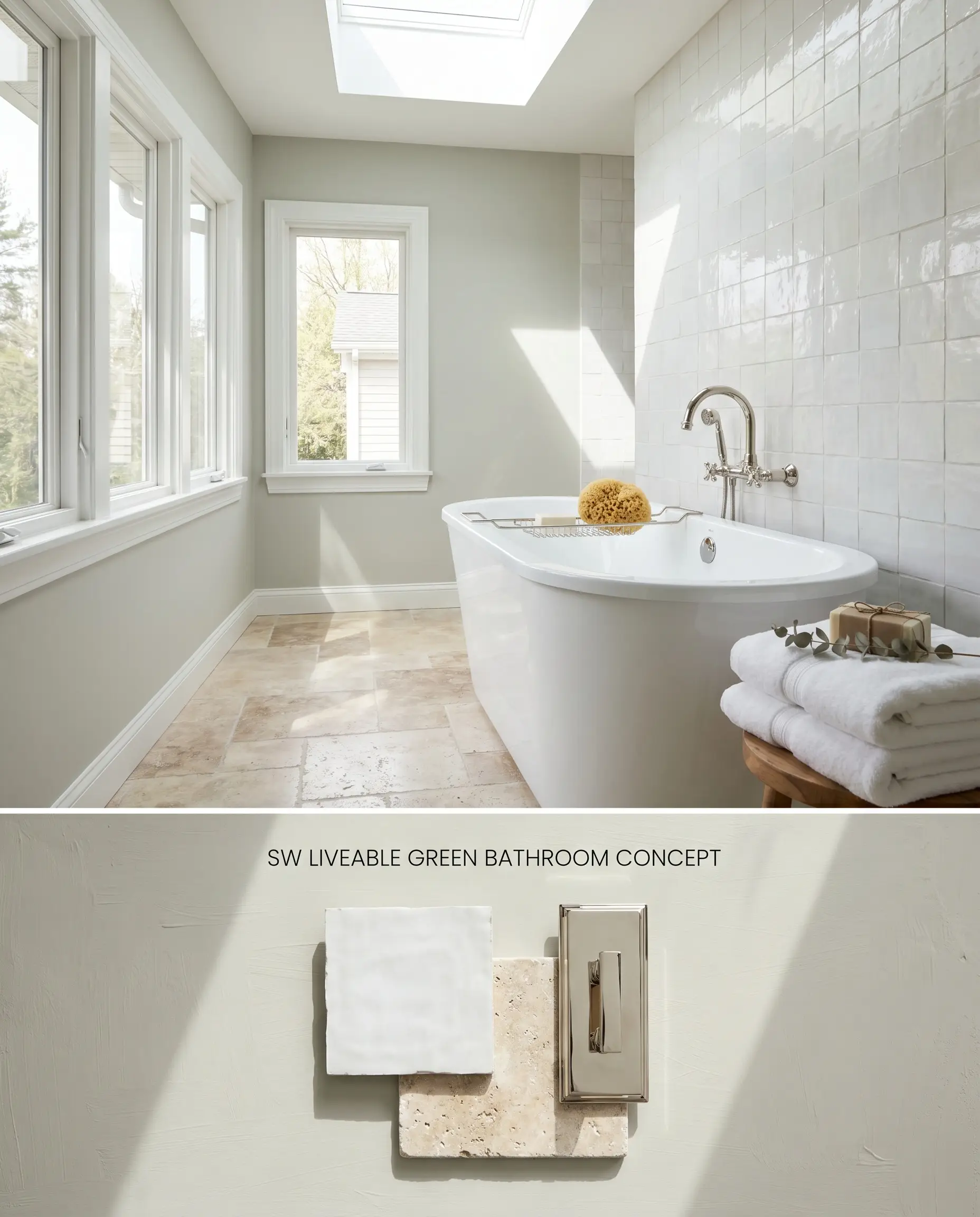 A split digital conceptual board for a spa-like bathroom contrasting sage green walls and white zellige tiles above, with tactile travertine and nickel samples below.
