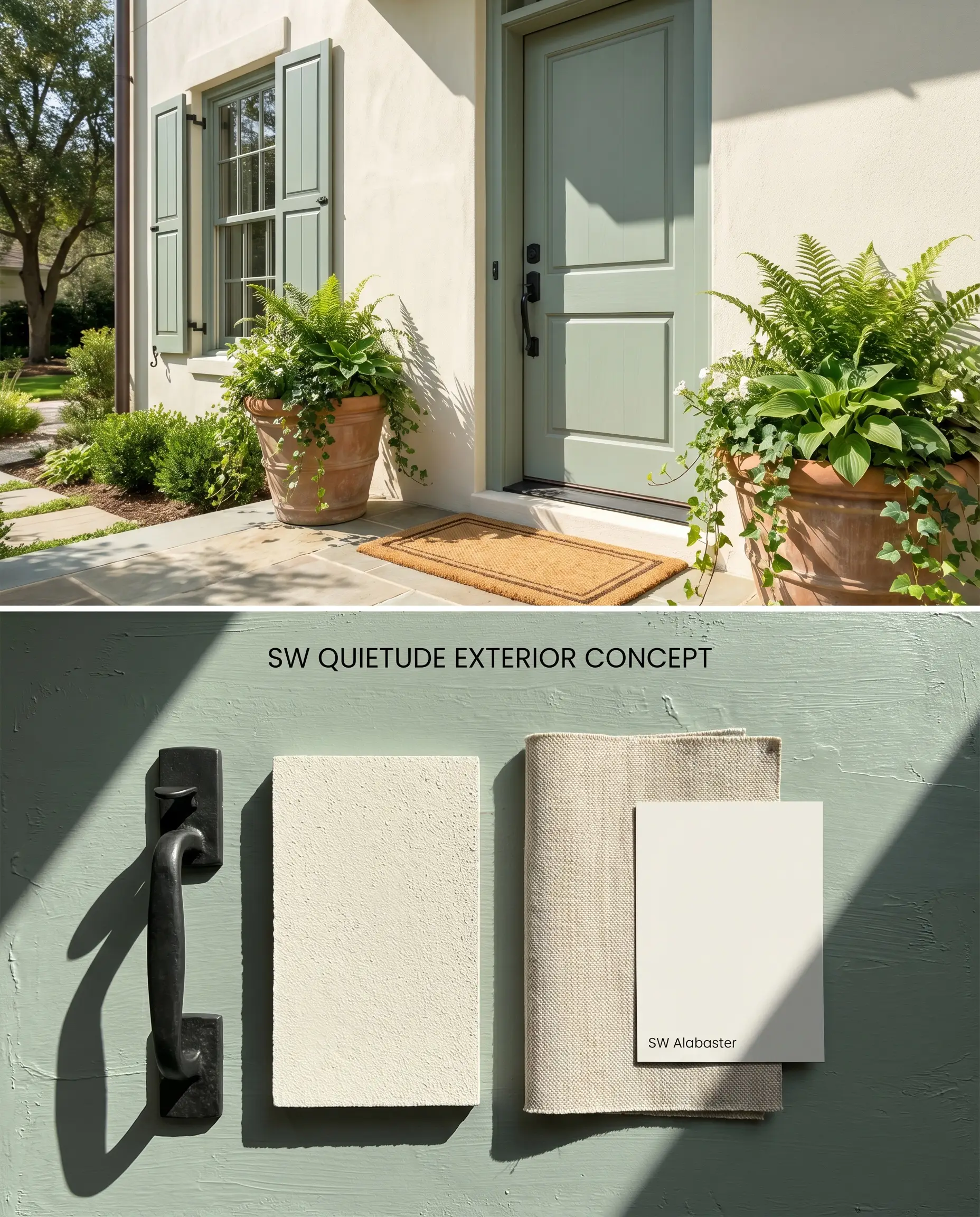 A split digital conceptual board for an exterior facade showing a coastal teal front door above a physical flat-lay of forged iron, creamy stucco, and textured canvas.