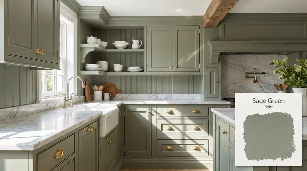 Classic kitchen cabinetry painted in Behr Sage Green (Hex #7b8472) features polished brass hardware and a crisp white marble countertop under bright sunlight.