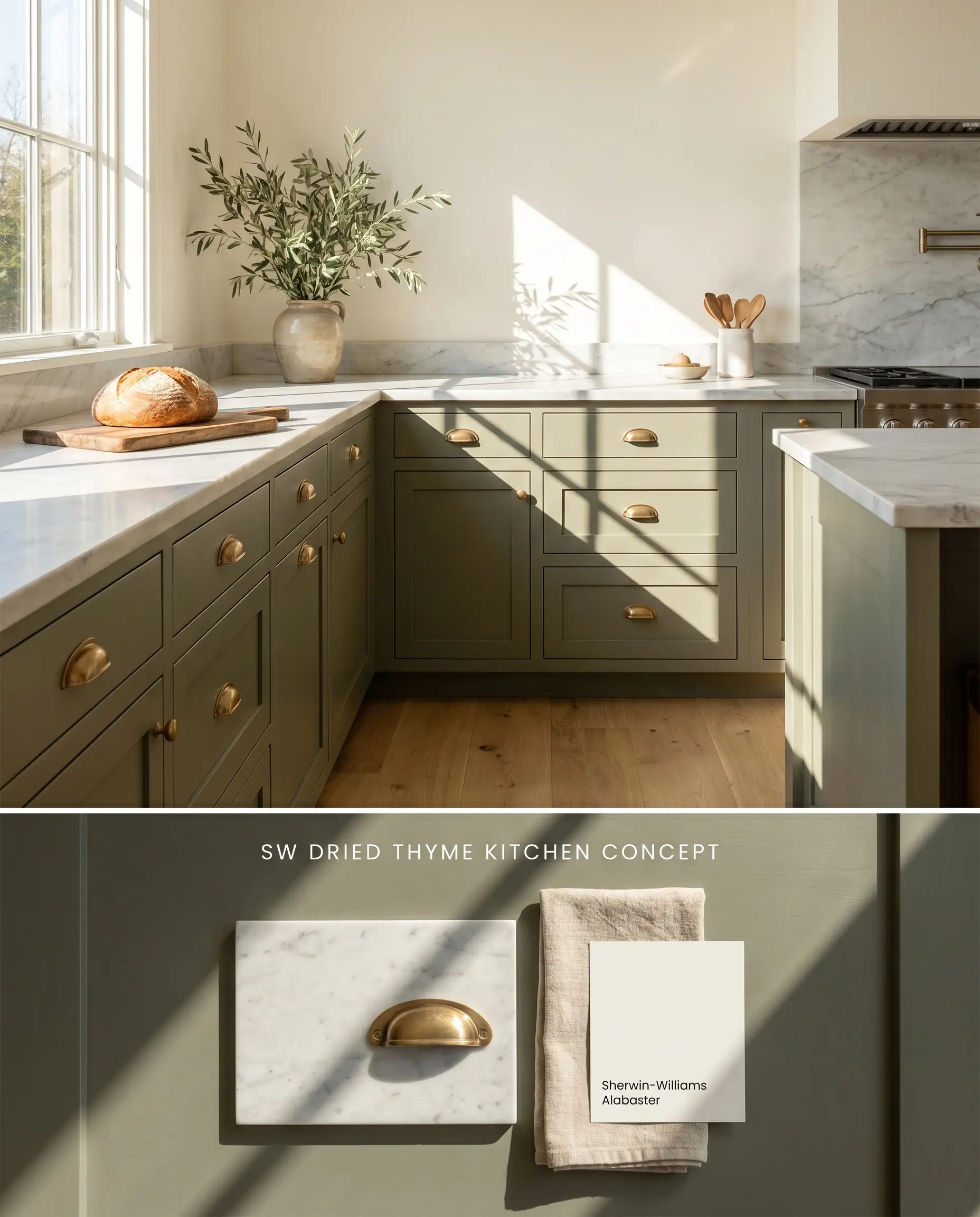 A split digital conceptual board for a kitchen showcasing earthy green lower cabinets bathed in southern sunshine above a textured flat-lay of marble and brass materials.