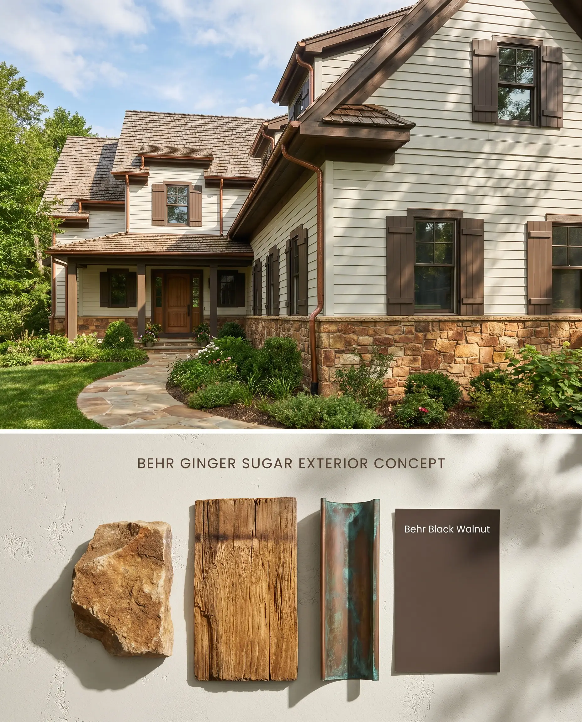 A split digital conceptual board for a home exterior featuring sage hint siding under deep eaves, accompanied by a tactile bottom section of fieldstone, cedar shake, and patinated copper.