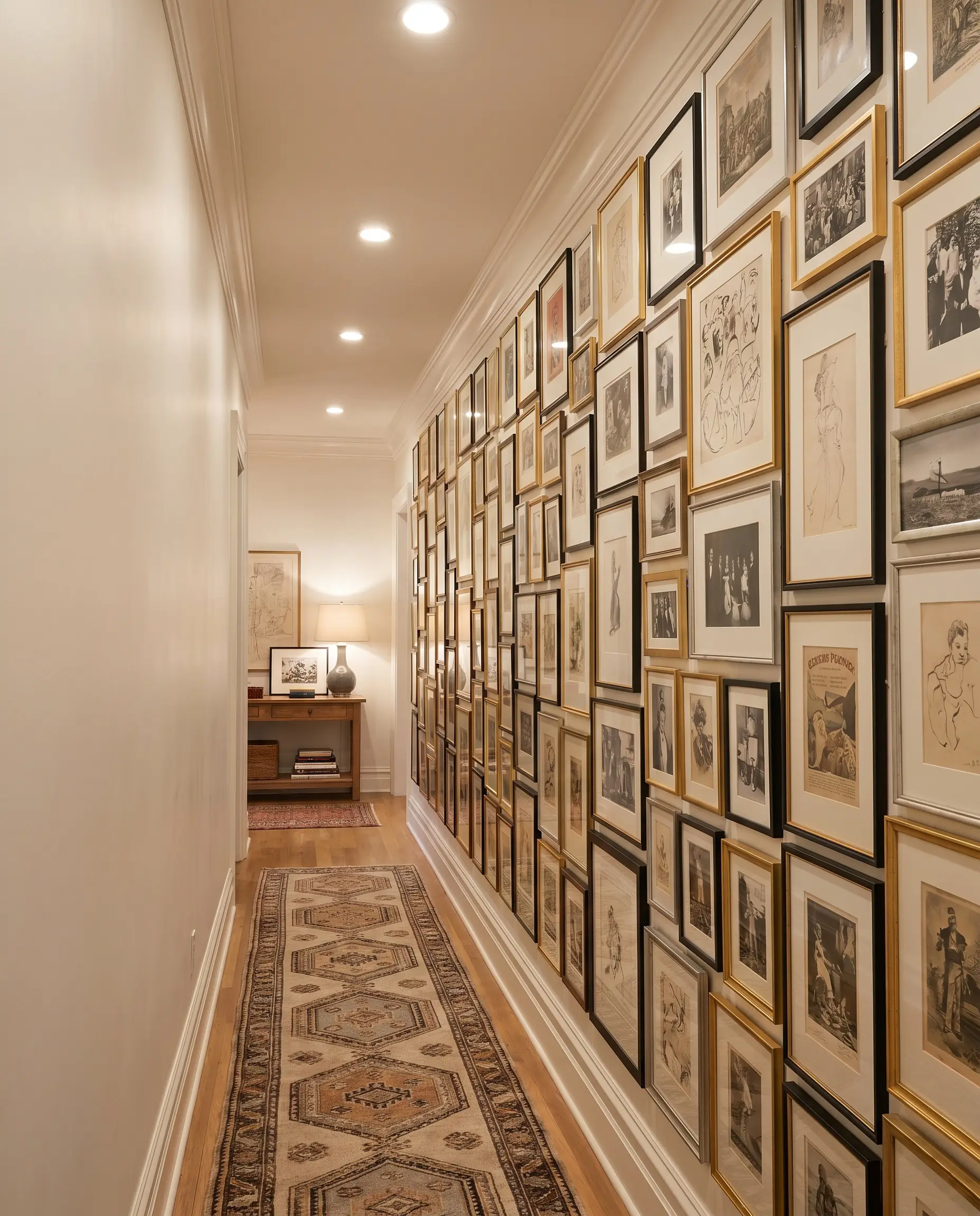 A dense floor-to-ceiling salon hang of thin-profile metal frames creates striking narrow hallway wall decor while the opposite wall remains completely blank.