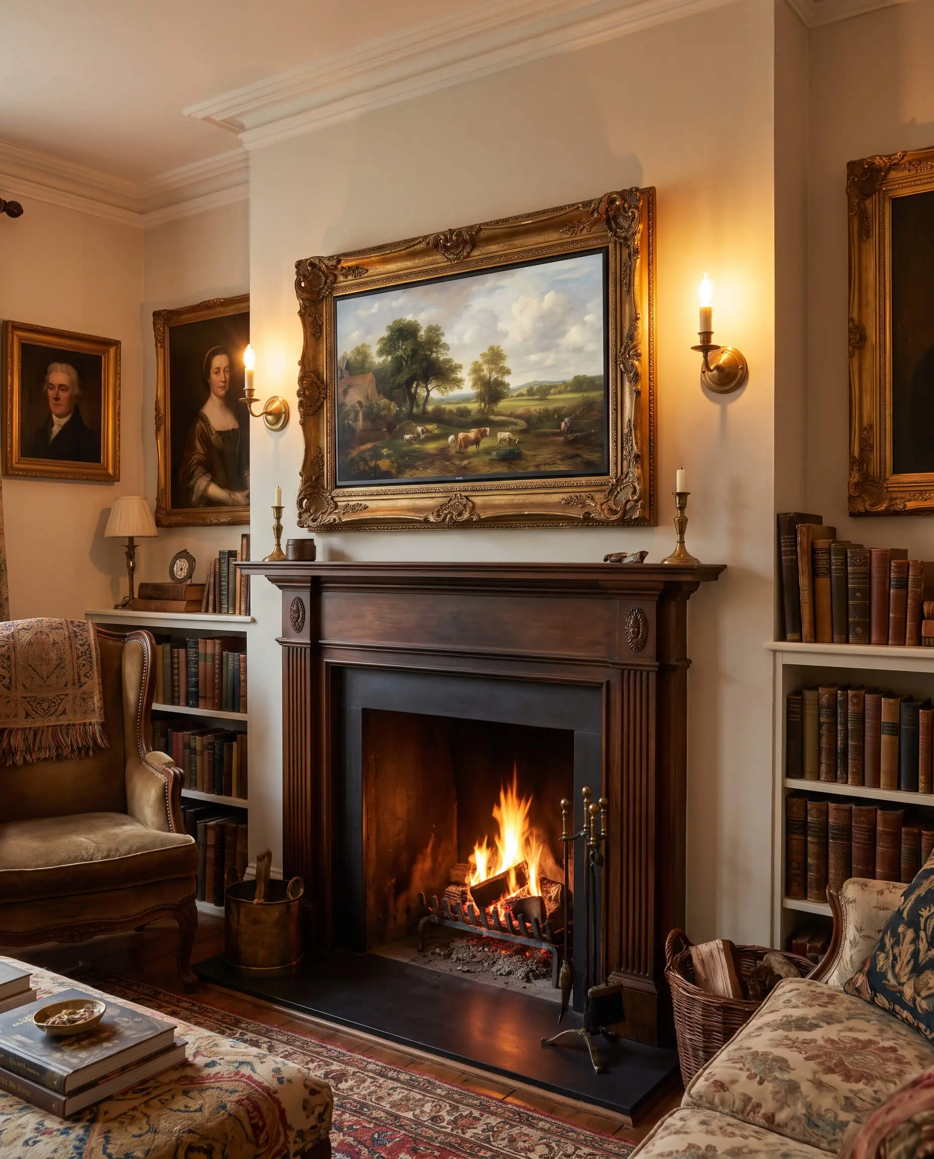A Samsung Frame TV upgraded with a bespoke antiqued gold frame displays a digitized oil painting directly above a classic mantel and matching brass sconces.
