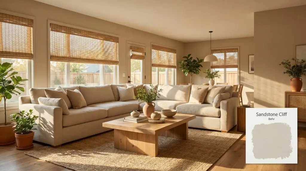 Warm afternoon sunlight highlights a large linen sectional, woven window shades, and an oak coffee table against Sandstone Cliff (Hex #d2c9b7) walls.