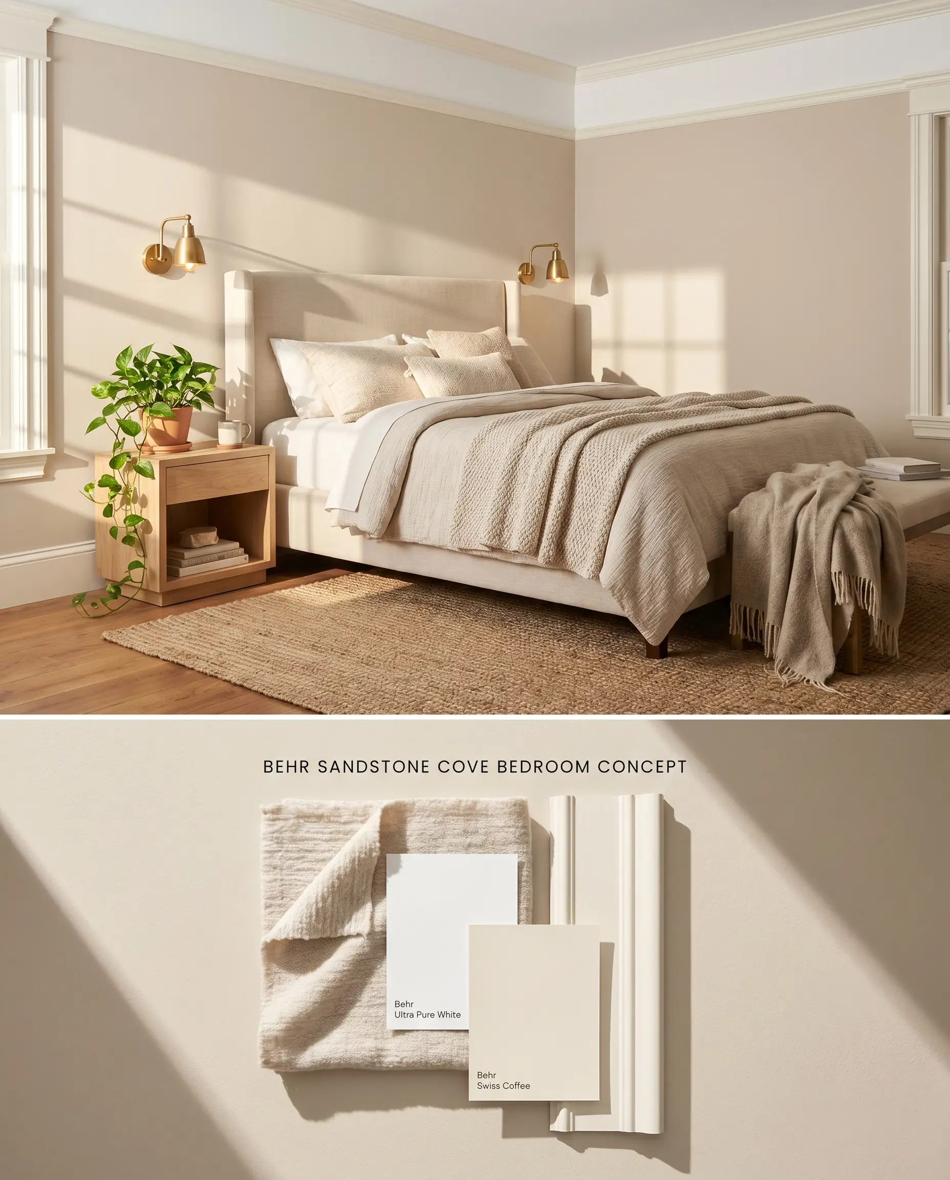 A composite digital layout presenting a warm greige bedroom above, and a textured flat-lay featuring architectural trim and layered textiles below.