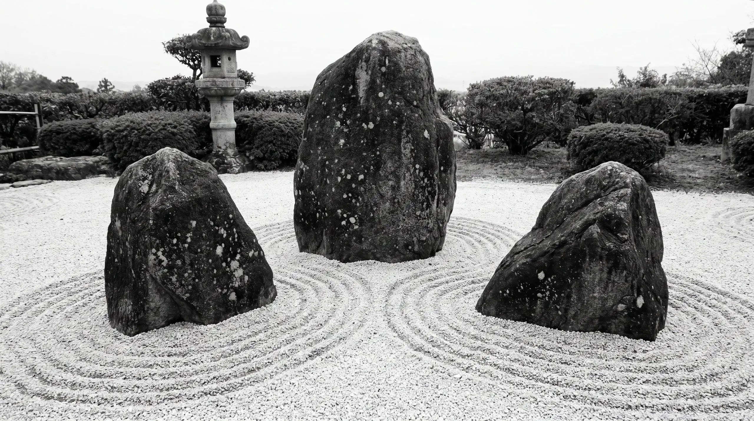 A monumental triadic Sanzon-seki rock arrangement sits within an expansive, meticulously raked gravel bed in a high-end minimalist zen garden.
