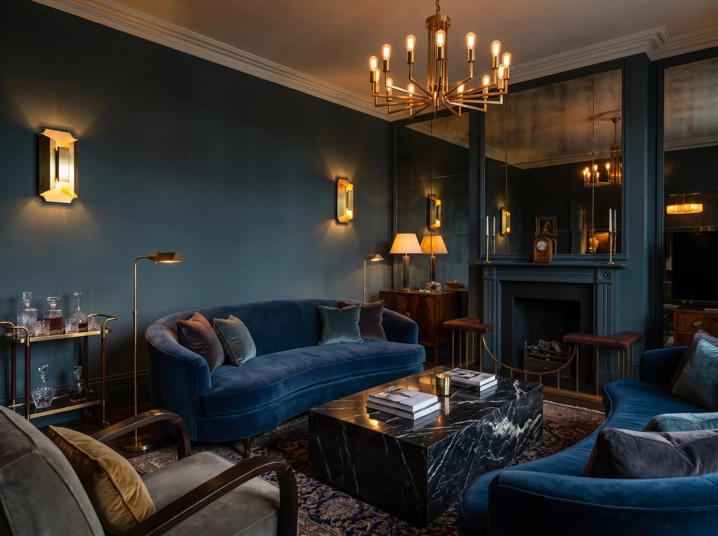 A sweeping sapphire velvet curved sofa anchors a moody living room featuring Hague Blue painted walls, geometric brass lighting, and a Nero Marquina marble coffee table.