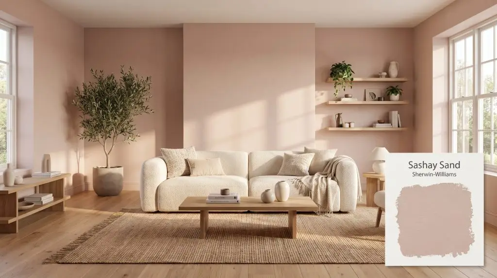 A cream bouclé sofa rests on light oak floors within a cozy bohemian living room painted in Sashay Sand (Hex #CFB4A8).