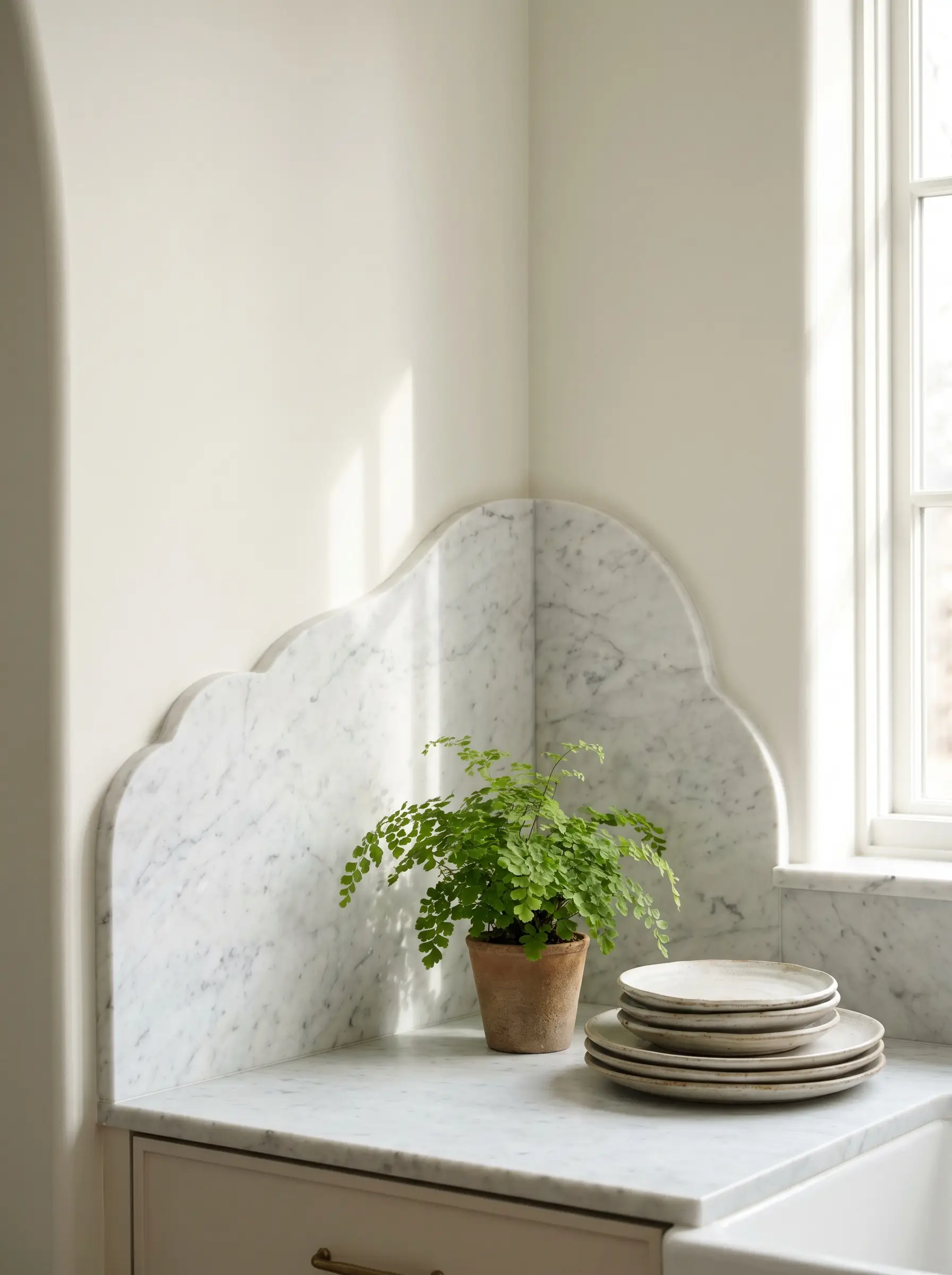 A tumbled Carrara marble slab backsplash features a custom-milled scalloped top edge, terminating beautifully against open kitchen walls painted in Benjamin Moore Swiss Coffee.