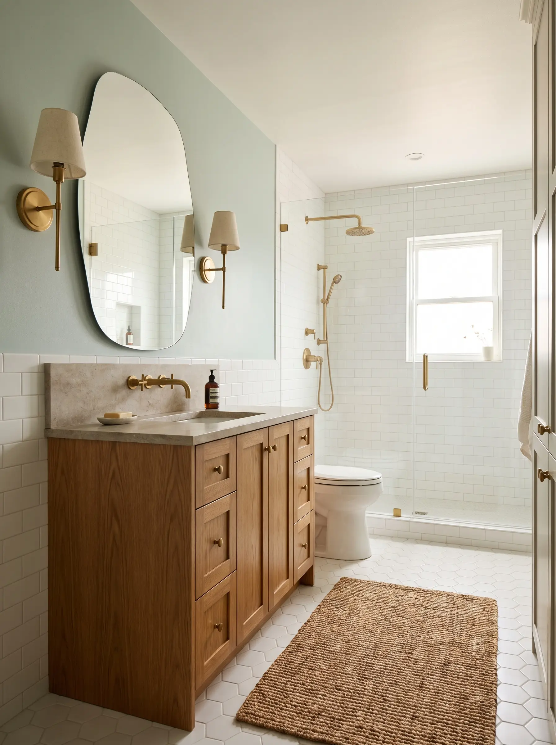 A sea salt green accent wall softens a bathroom vanity area featuring a frameless mirror, a warm oak cabinet, and unlacquered brass fixtures.
