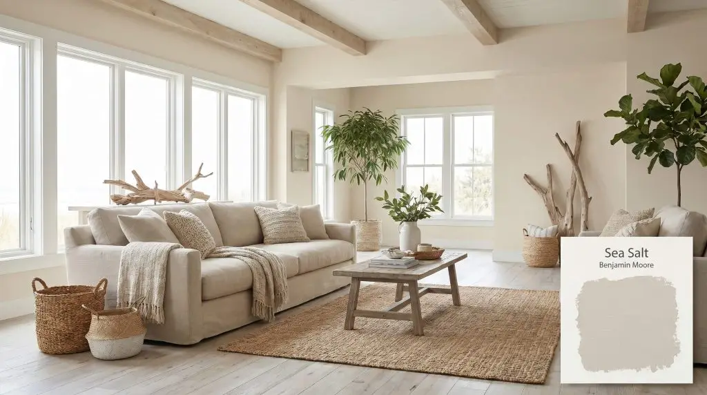A comfortable linen sofa and light weathered wood floors sit within an open, coastal living space coated in Benjamin Moore Sea Salt (Hex #D4CFC3).