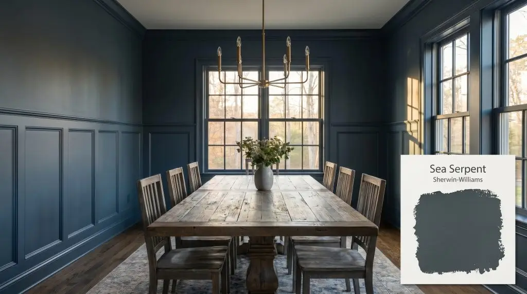 A long reclaimed wood table sits beneath a modern brass chandelier in a formal dining room coated in Sherwin-Williams Sea Serpent (Hex #3E4B54).