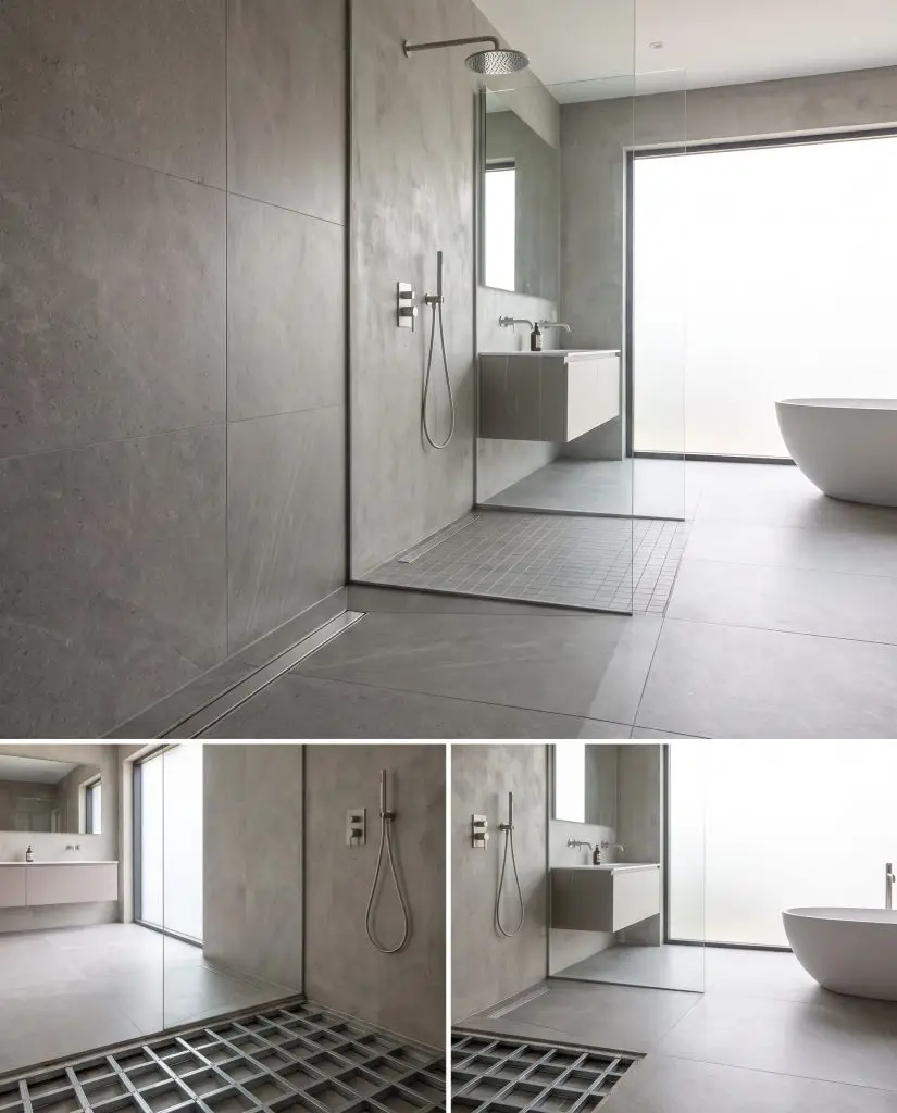 An unbroken visual plane of large-format matte tiles creates a seamless curbless transition from a dry bathroom zone into a minimalist doorless walk-in shower.