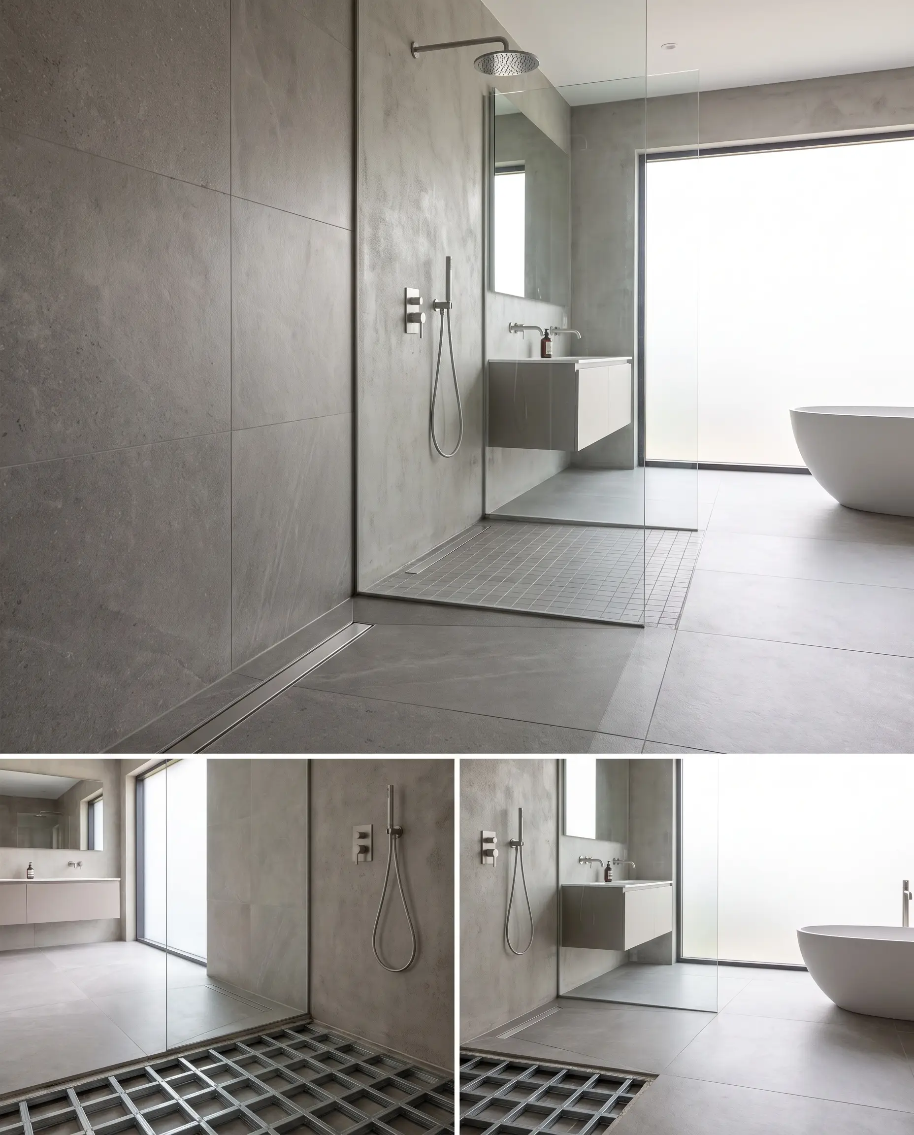 An unbroken visual plane of large-format matte tiles creates a seamless curbless transition from a dry bathroom zone into a minimalist doorless walk-in shower.