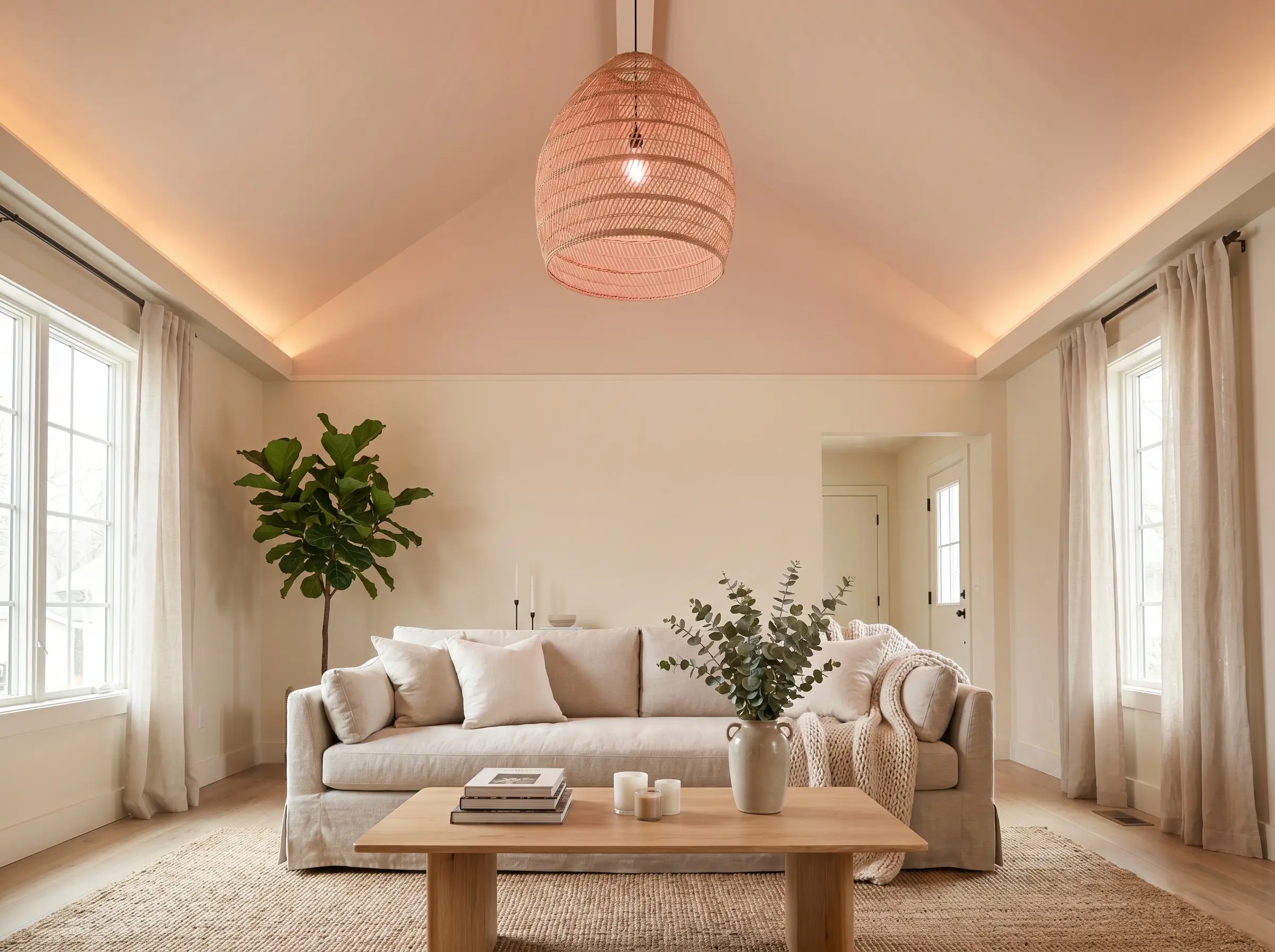 A woven rattan pendant light hangs from a pale blush vaulted ceiling over a slipcovered linen sofa and a light oak coffee table.
