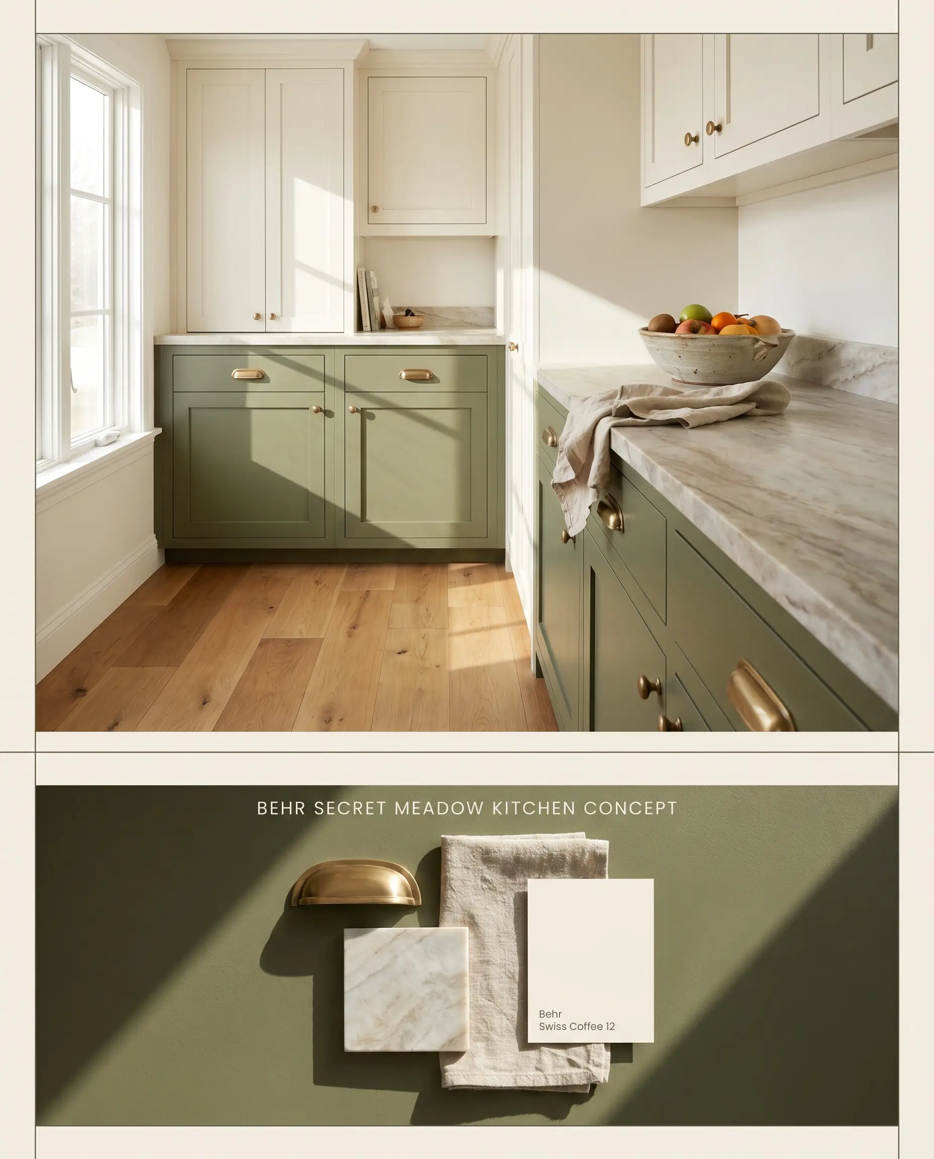 A split digital conceptual board featuring Behr Secret Meadow on kitchen lower cabinets above a flat-lay of quartzite stone, brass pulls, and linen textiles.