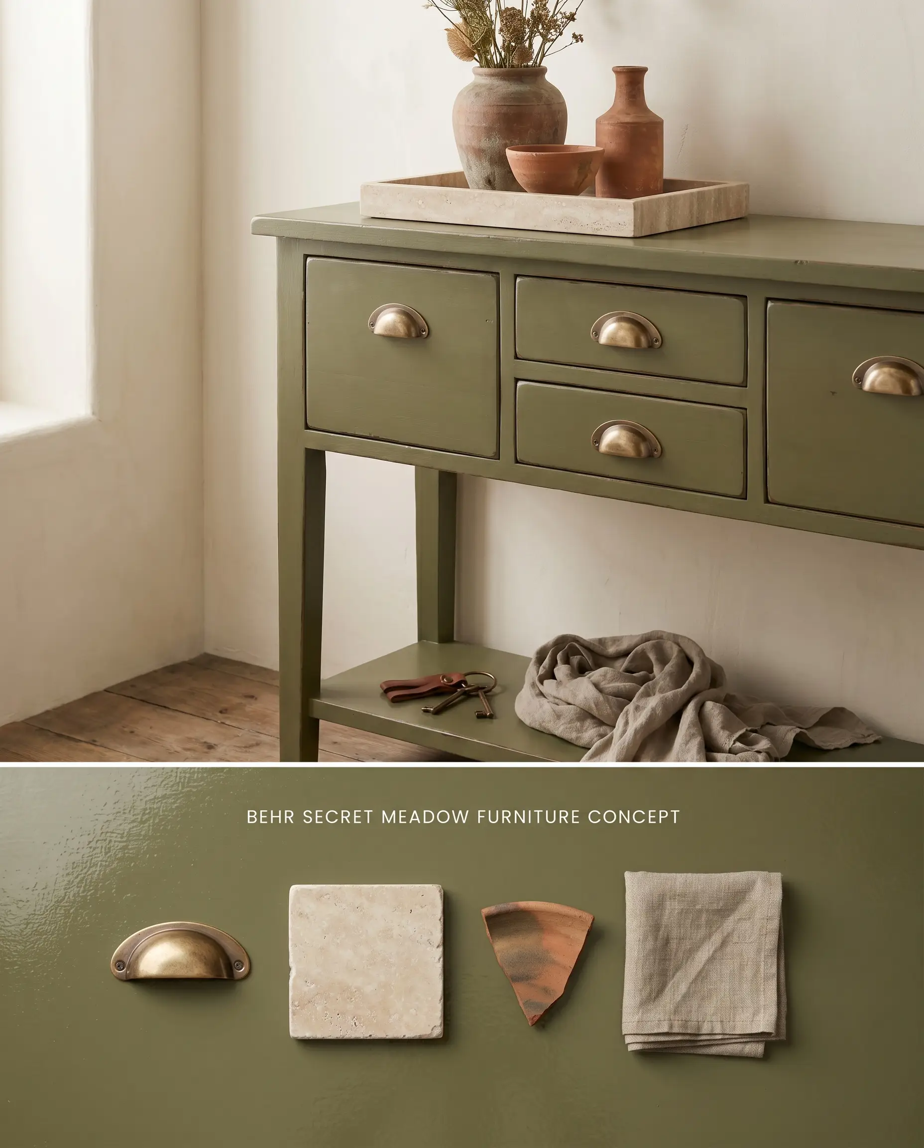 A split digital conceptual board featuring a golden-green warmth on a vintage entryway console above a flat-lay of travertine stone and brass cup pulls.
