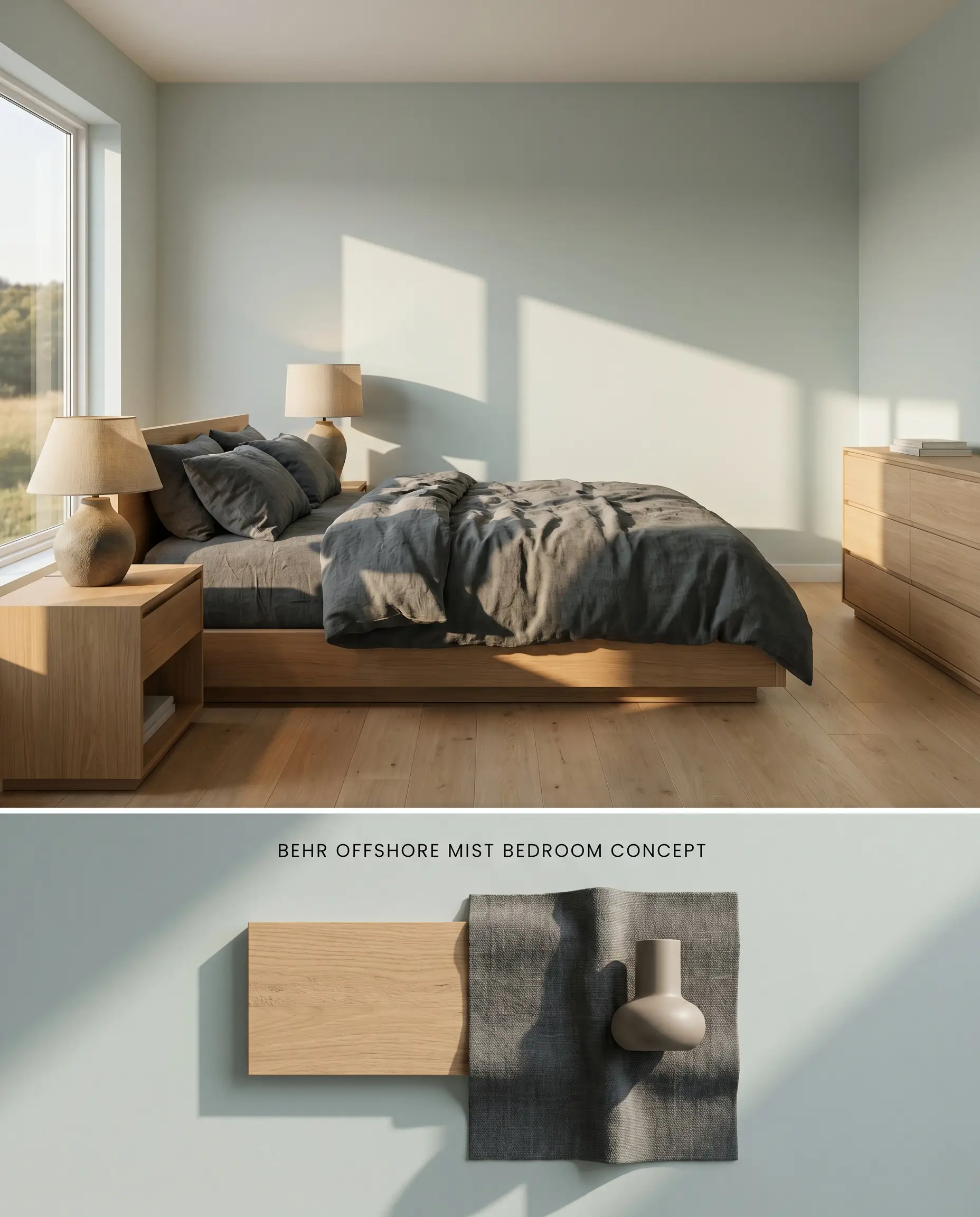 An 80/20 composite visualization for a bedroom painted in Offshore Mist, featuring a serene sleeping space above and a raw linen flat-lay below.