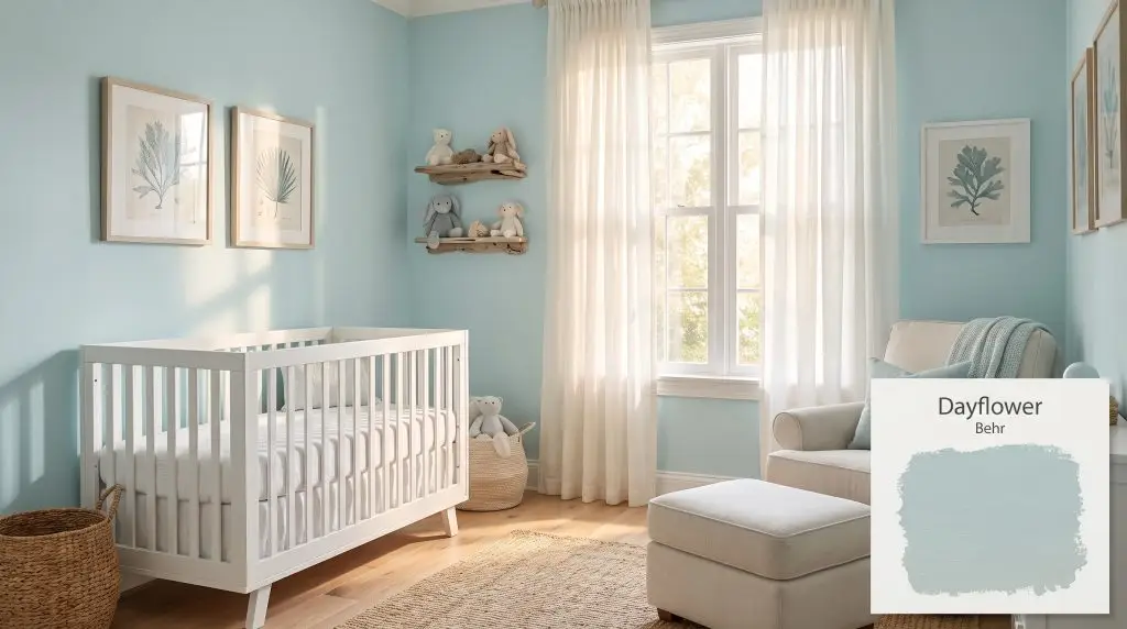 Morning sunlight filters through sheer curtains onto light oak flooring, a white crib, and walls painted in Behr Dayflower (Hex #b8cccd).