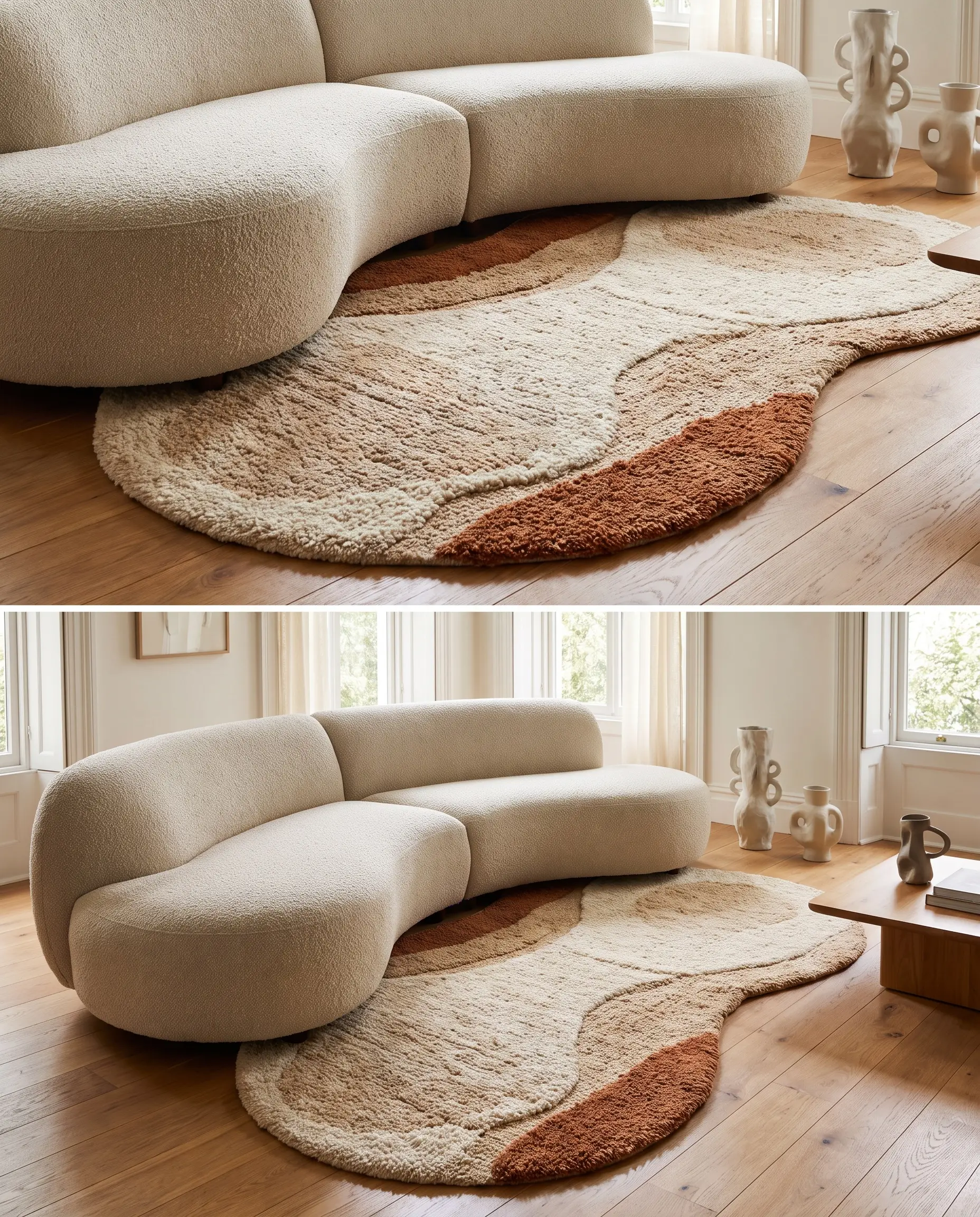 A sweeping serpentine sofa sits flush against the concave edge of a hand-tufted New Zealand wool kidney bean rug over warm oak flooring.