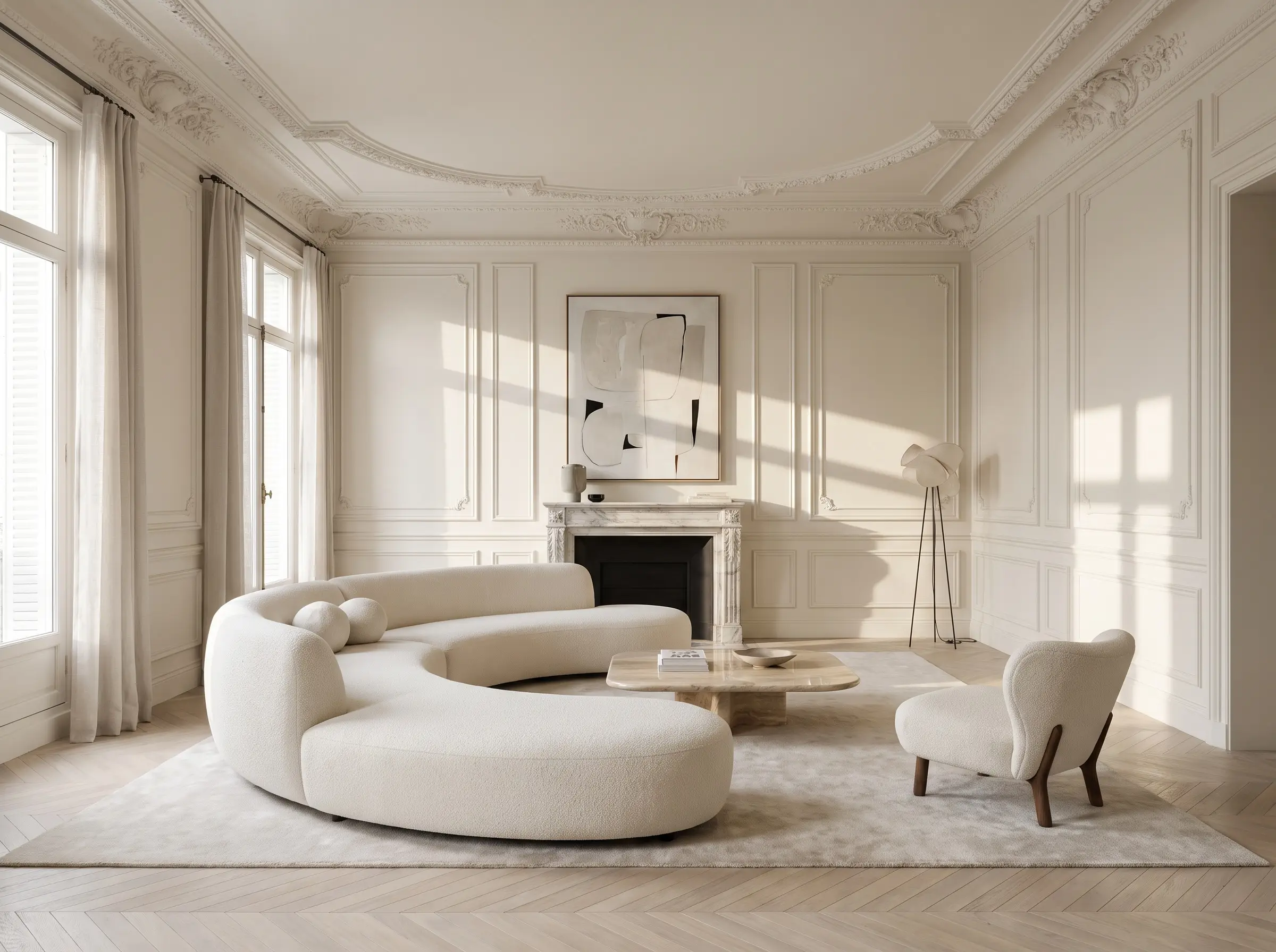 A minimalist curved sofa design in solid neutral fabric sits gracefully in a living room framed by Pointing painted walls and ornate Haussmann-style plaster wainscoting.