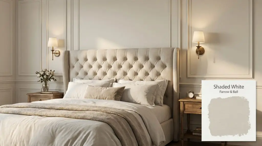 Classic wainscoting, a tufted upholstered headboard, and antique brass sconces adorn a serene bedroom painted in Shaded White (Hex #d5cfc0).