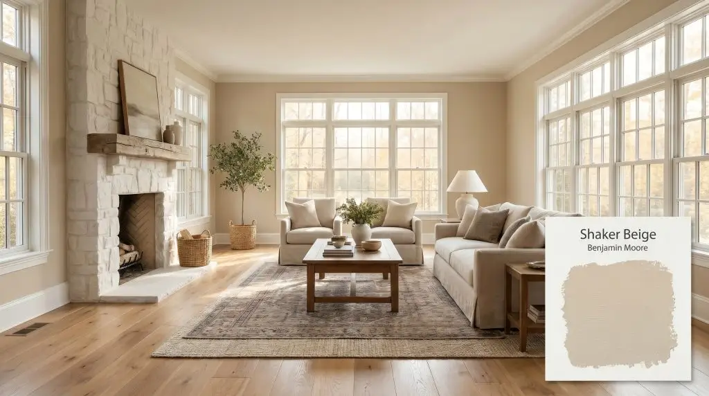 Natural oak floors and a white stone fireplace sit beneath walls painted in Benjamin Moore Shaker Beige (Hex #D1C2A7) illuminated by morning light.