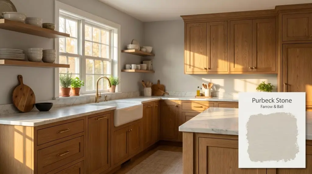 Shaker wood cabinets and white marble countertops are illuminated by warm afternoon light in a modern farmhouse kitchen painted in Purbeck Stone (Hex #c0bcb3).