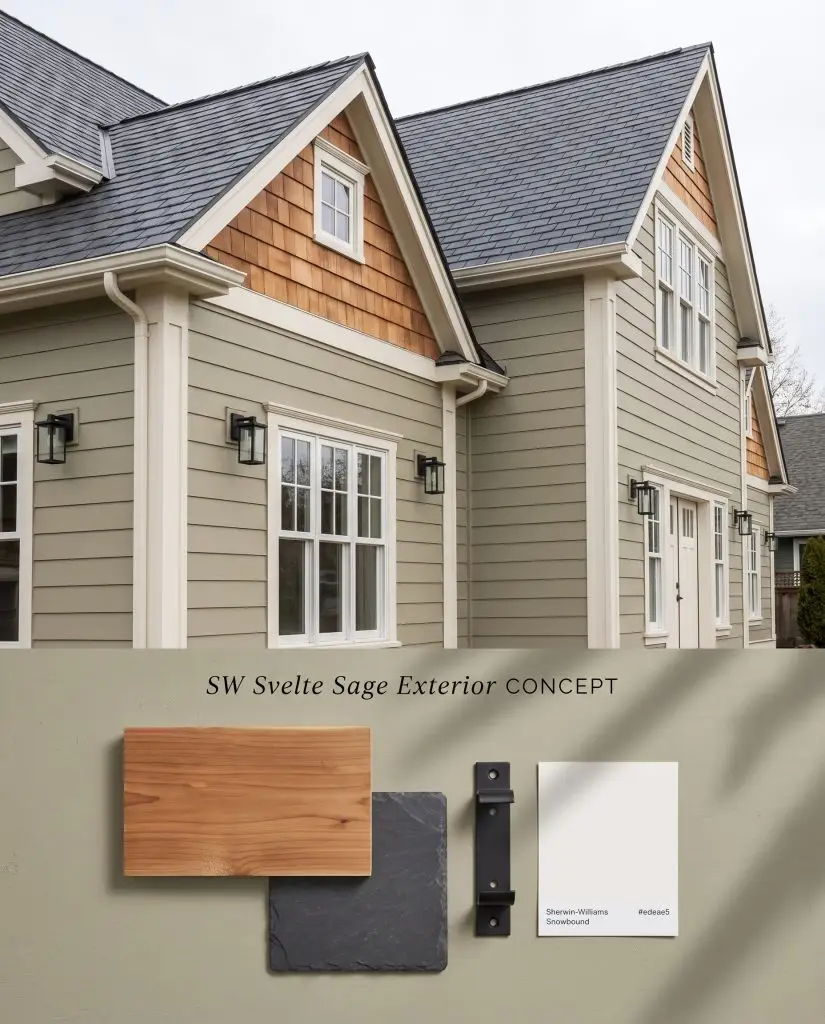 A split visualization board presenting a classic home exterior on the upper section and tactile cedar, slate, and metal samples on the lower half.