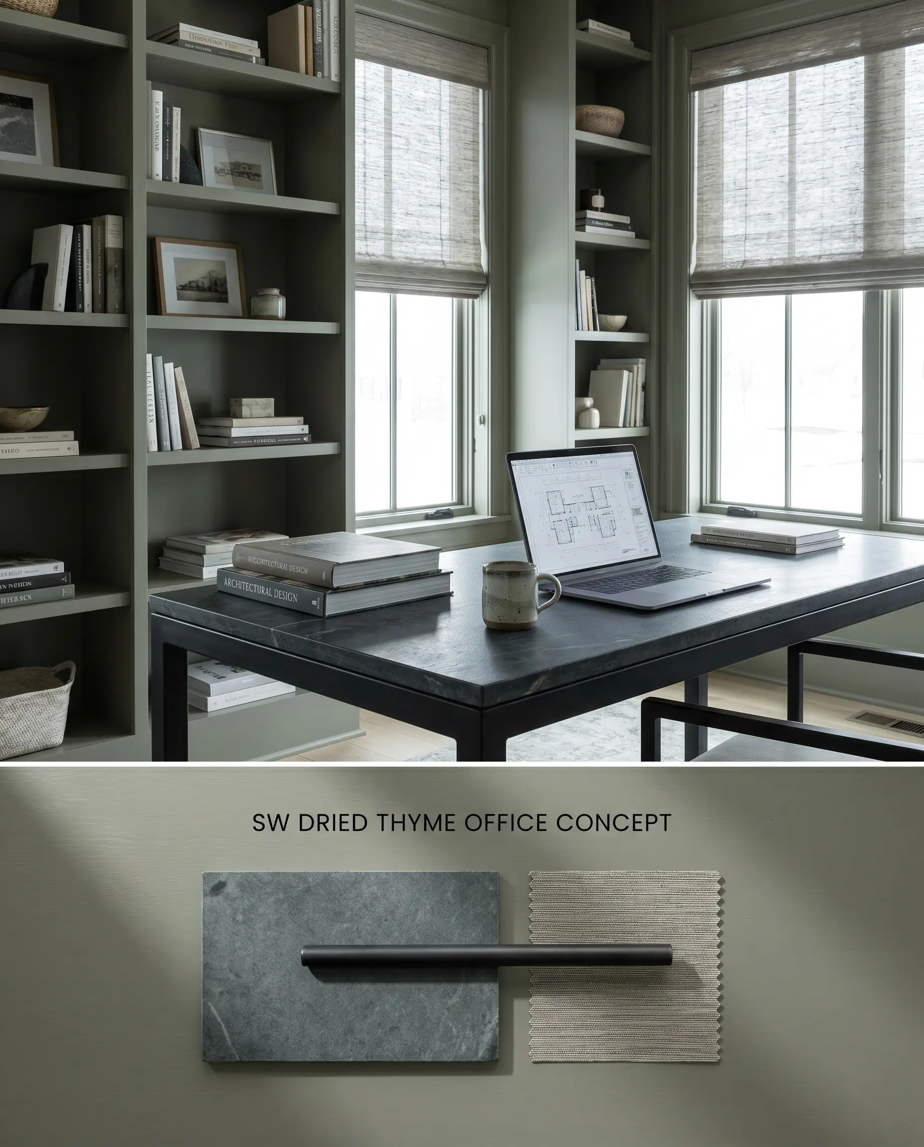 A split digital conceptual board for a home office featuring floor-to-ceiling earthy green bookcases above a material flat-lay of soapstone and blackened steel.