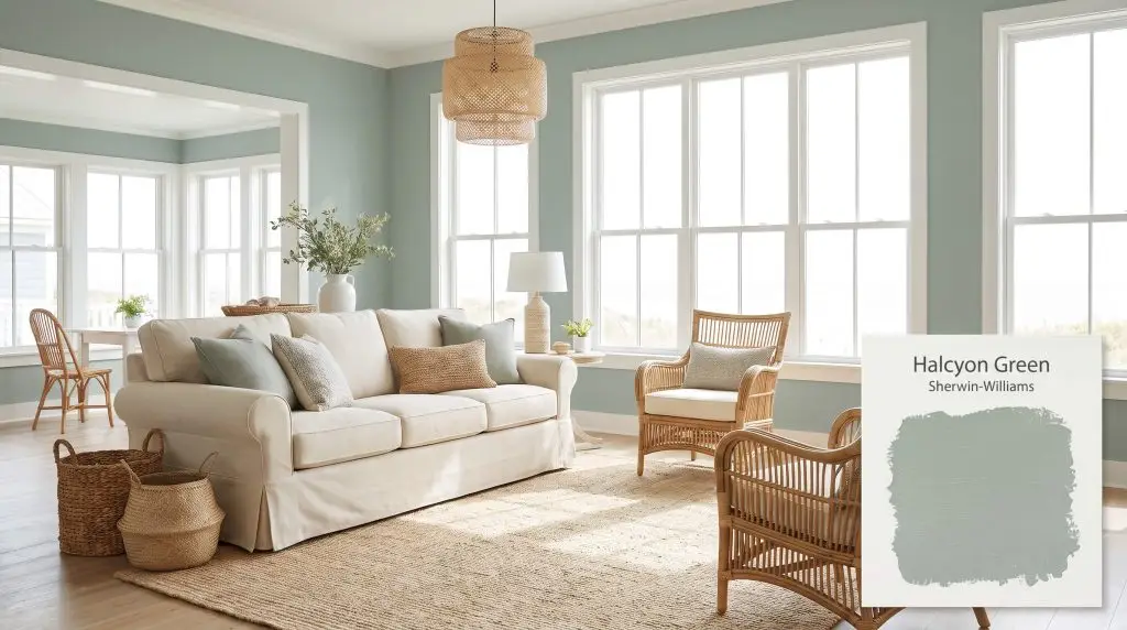 Bright natural light floods a coastal farmhouse living room featuring a cream slipcovered sofa and Halcyon Green walls (Hex #9BAAA2).