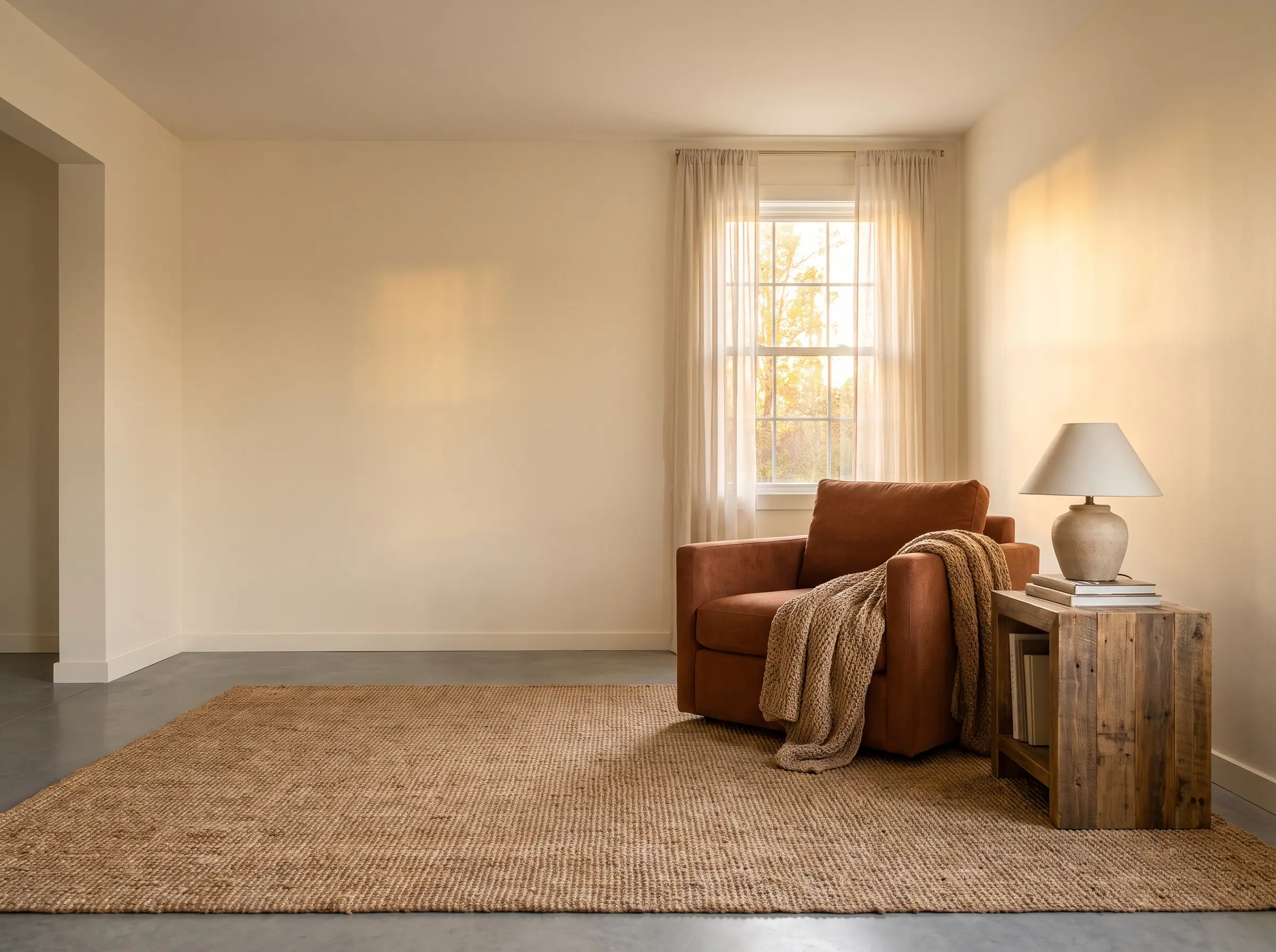 Sherwin-Williams Alabaster painted walls perfectly counteract the cool temperature of modern gray flooring in an inviting living room with a rust armchair.