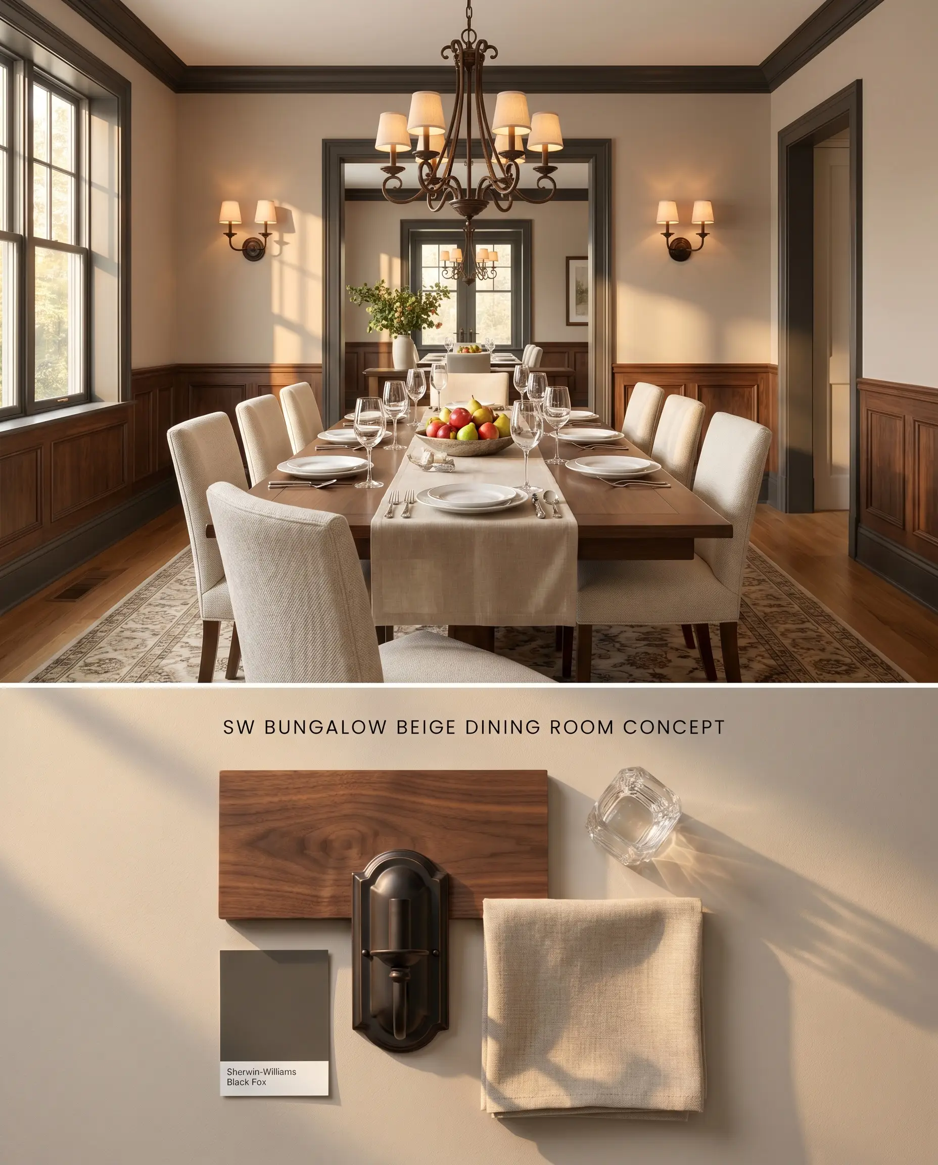 A split digital conceptual board illustrating a formal dining room painted in Sherwin-Williams Bungalow Beige, with a physical flat-lay of dark walnut and oil-rubbed bronze below.