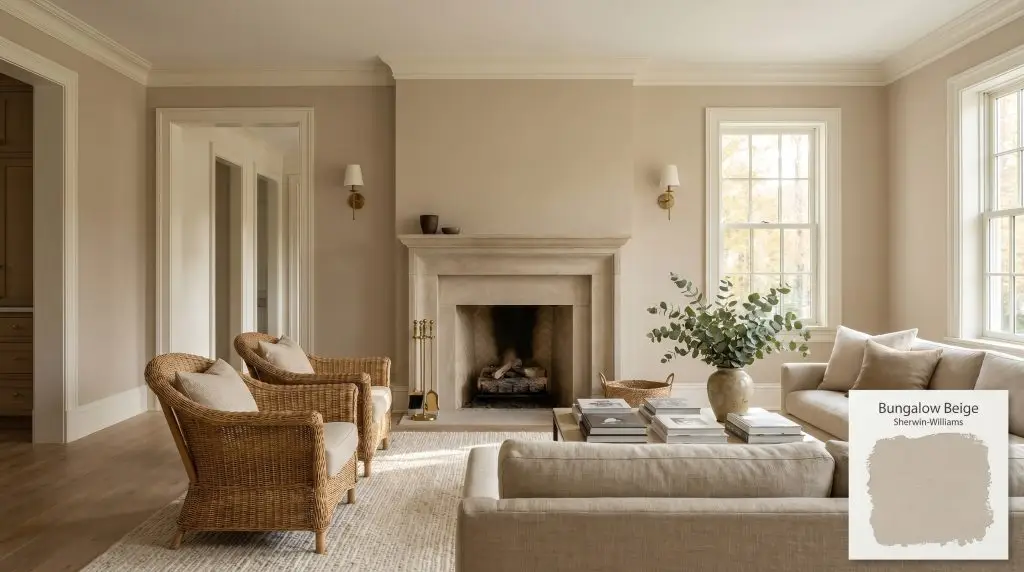 A wide architectural shot of a luxurious living room painted in Sherwin-Williams Bungalow Beige (Hex #CDBFB0), featuring a stone fireplace, white oak floors, and brass sconces.