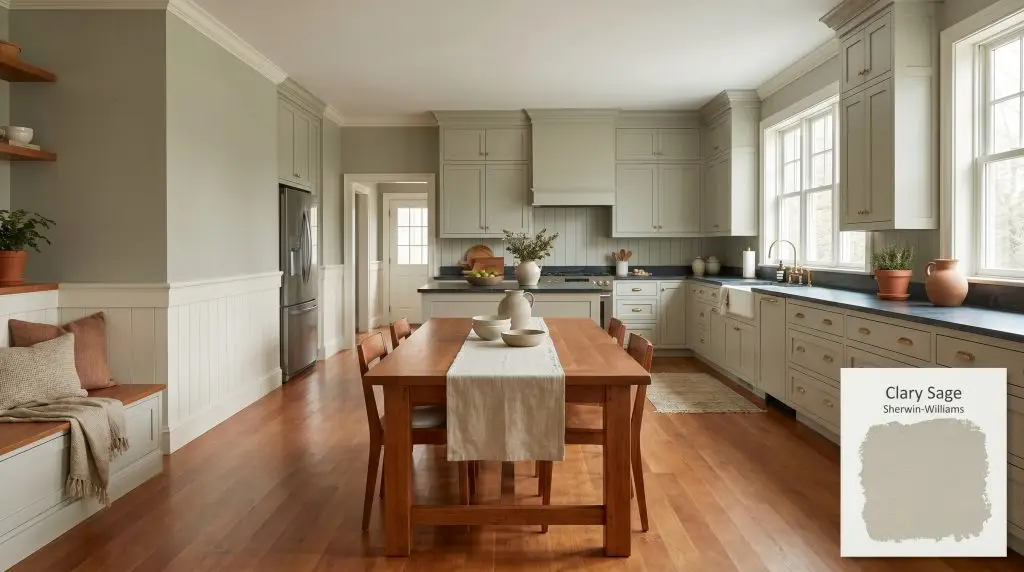 An open-plan suburban living space painted in Sherwin-Williams Clary Sage (Hex #ACAD97), featuring cherry wood flooring, unlacquered brass hardware, and creamy white wainscoting.