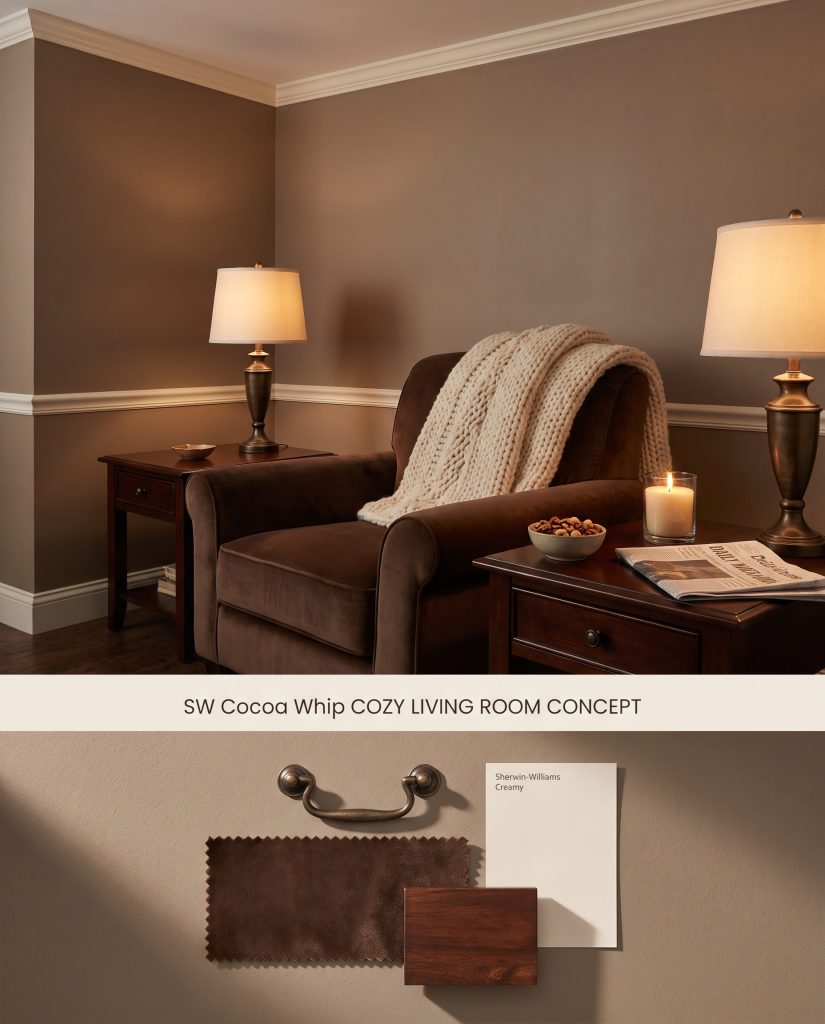 A split digital conceptual board featuring a Sherwin-Williams Cocoa Whip living room above, and physical chocolate velvet and dark mahogany samples beneath.