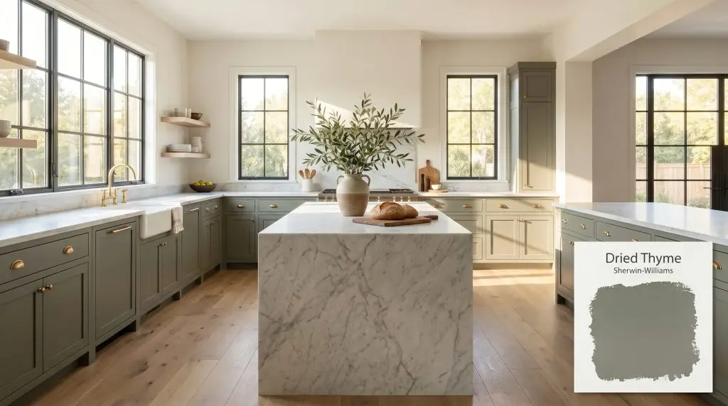A wide architectural shot of an organic modern kitchen featuring lower cabinetry painted in Sherwin-Williams Dried Thyme (Hex #7B8070), Danby marble countertops, and brass hardware.