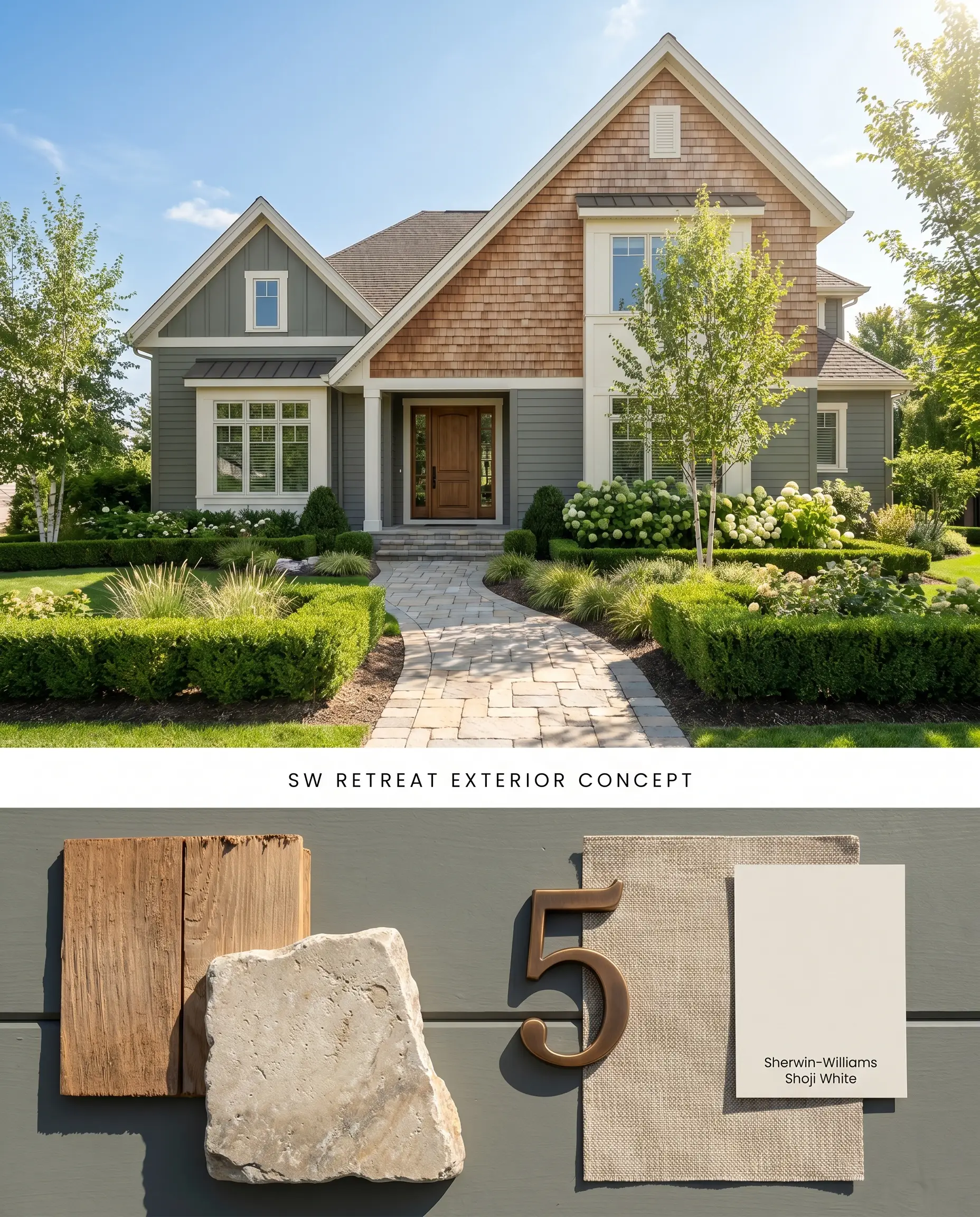 A split digital conceptual board displaying a Modern Tudor home exterior in a moody earthy tone on top, and a flat-lay with cedar shake and tumbled limestone below.